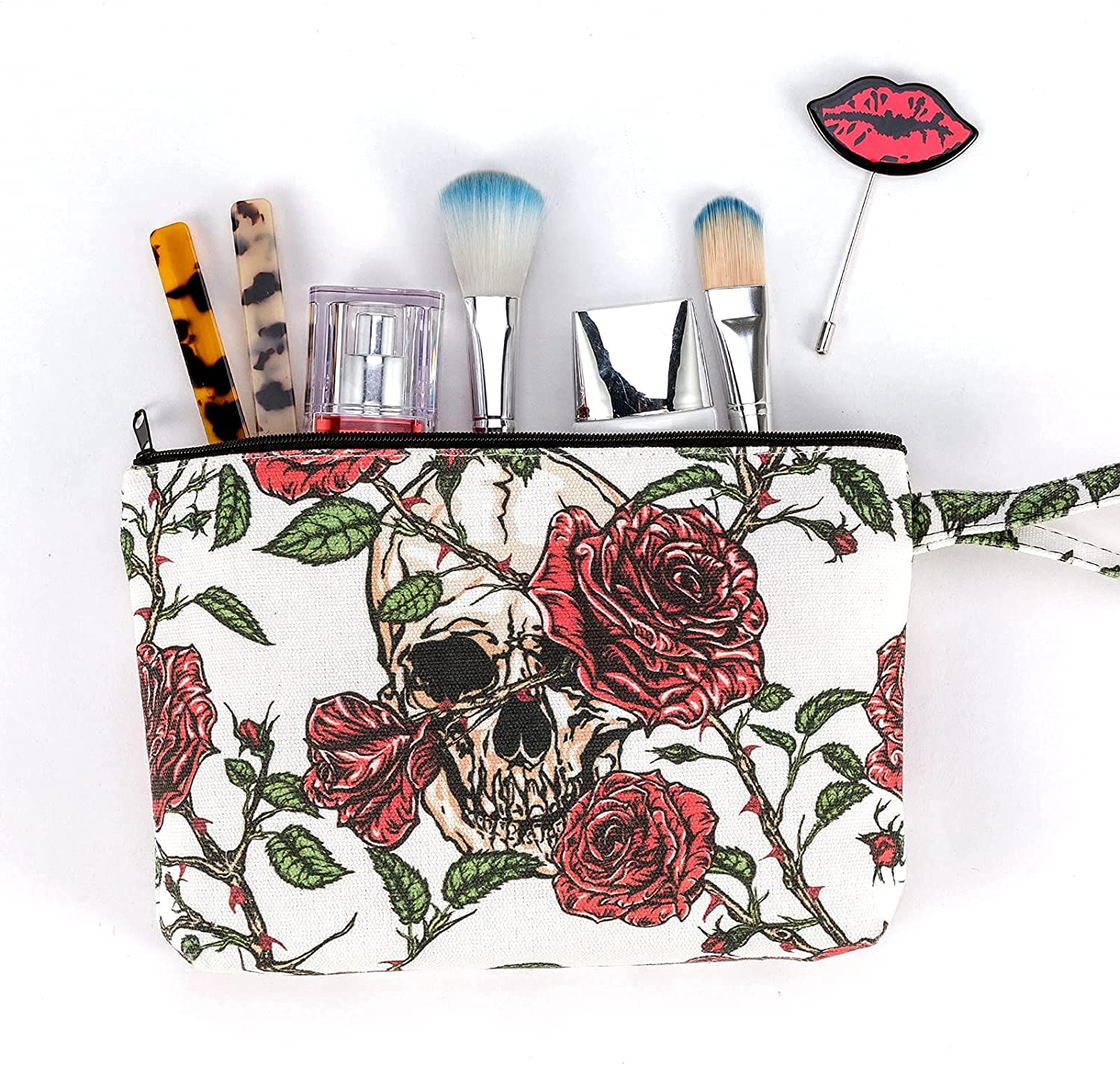 CINPIUK 4 Set Sugar Skull Makeup Bags Canvas Cosmetic Pouches with Handle Zippered Toiletry Pouch Ca