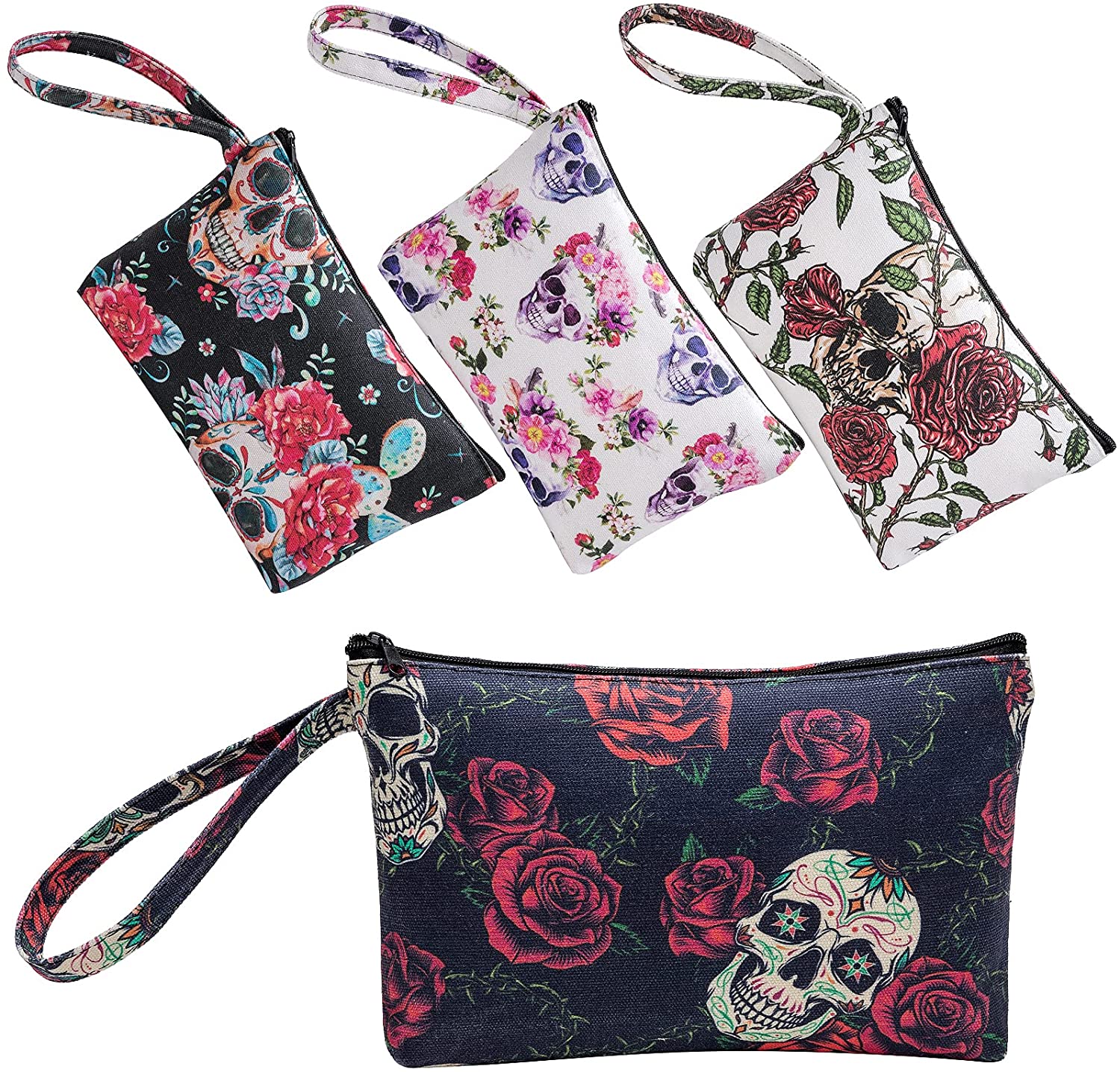 CINPIUK 4 Set Sugar Skull Makeup Bags Canvas Cosmetic Pouches with Handle Zippered Toiletry Pouch Ca