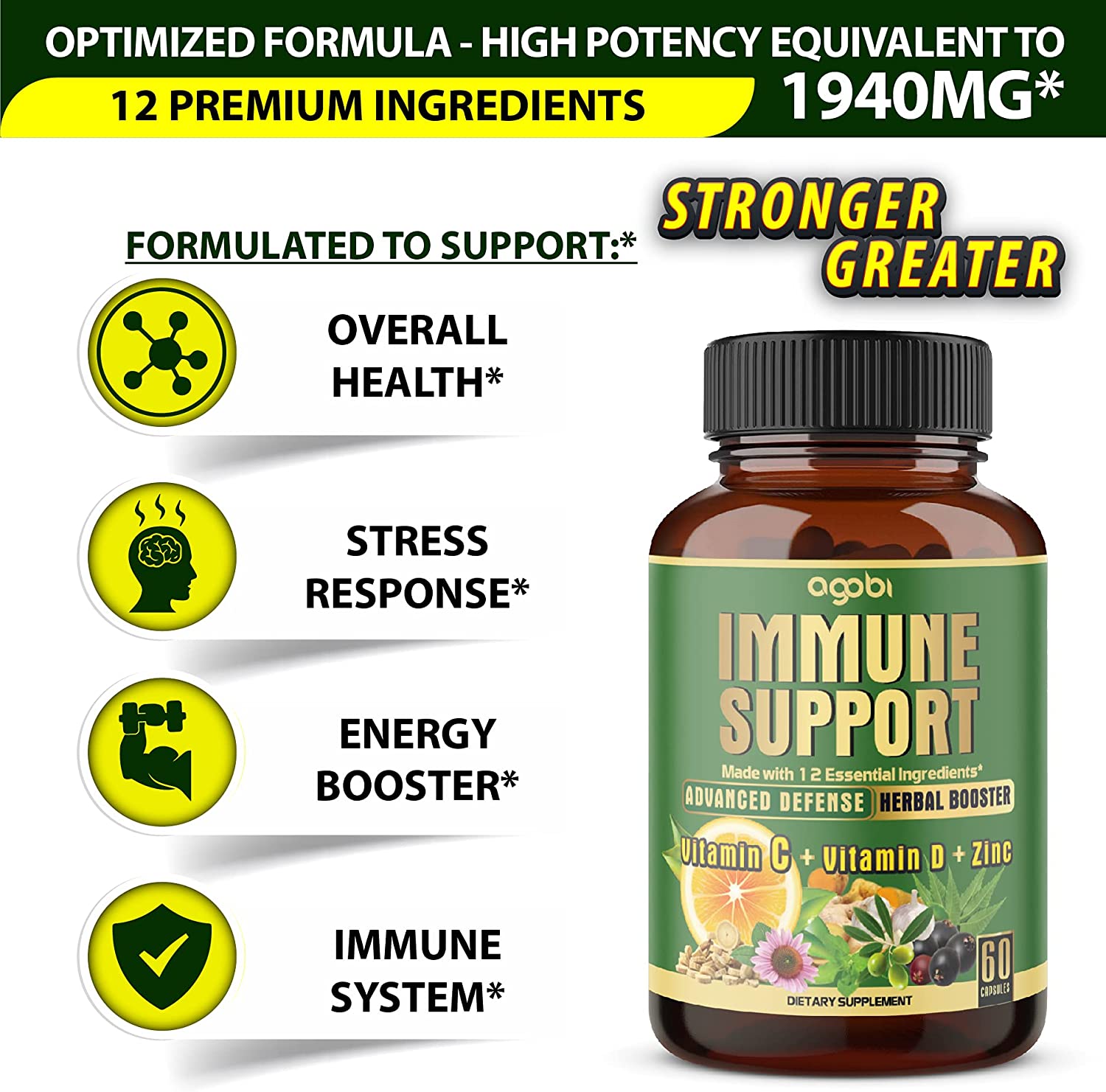 agobi 12in1 Healthy Immune Support Supplement with Extract Elderberry, Turmeric, Ginger, Olive, Echi