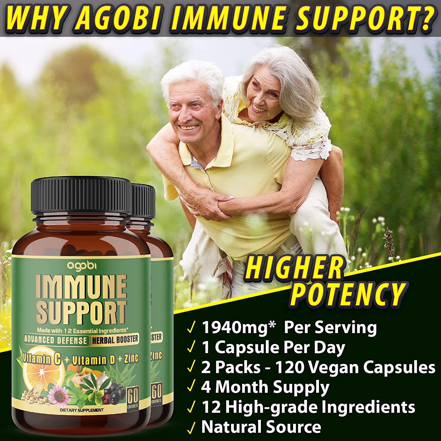 agobi 12in1 Healthy Immune Support Supplement with Extract Elderberry, Turmeric, Ginger, Olive, Echi