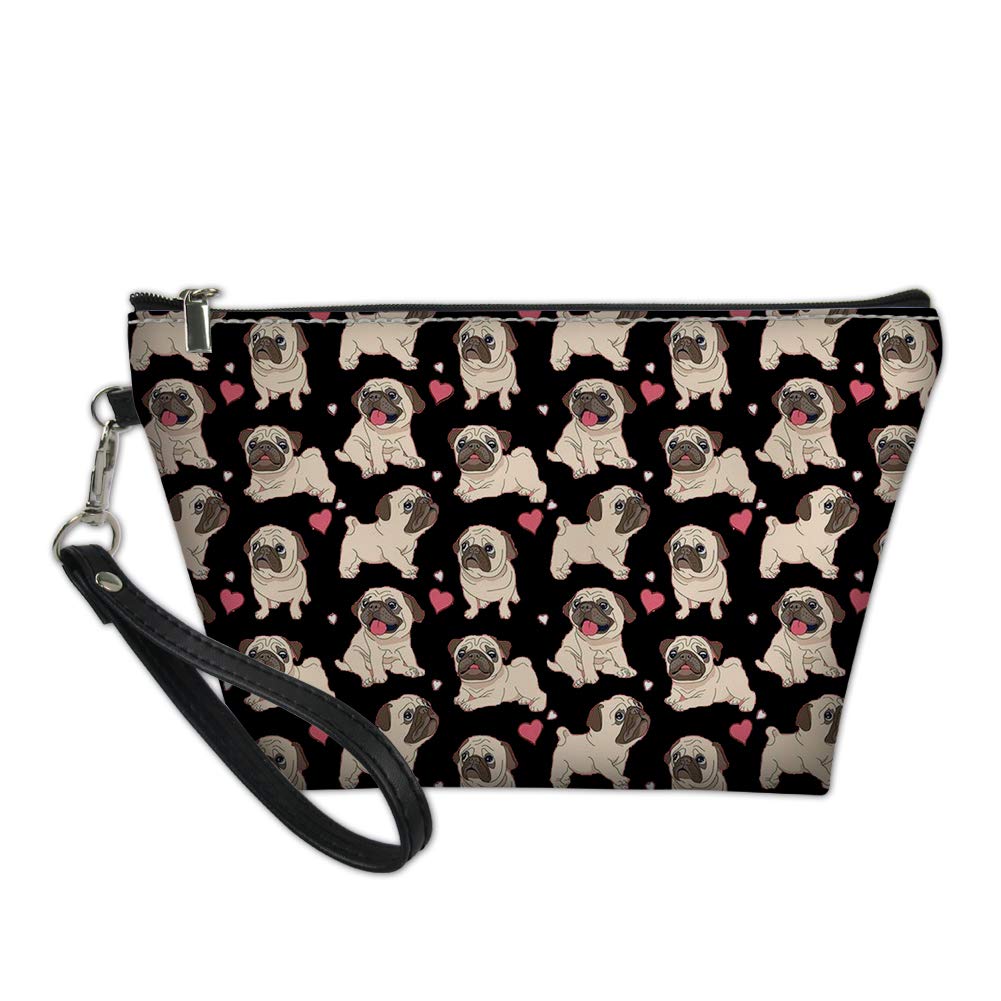 CLOHOMIN Makeup Storage Pouch Cute Pug Puppy Heart Print Handle Cosmetic Pu Leather Bags
