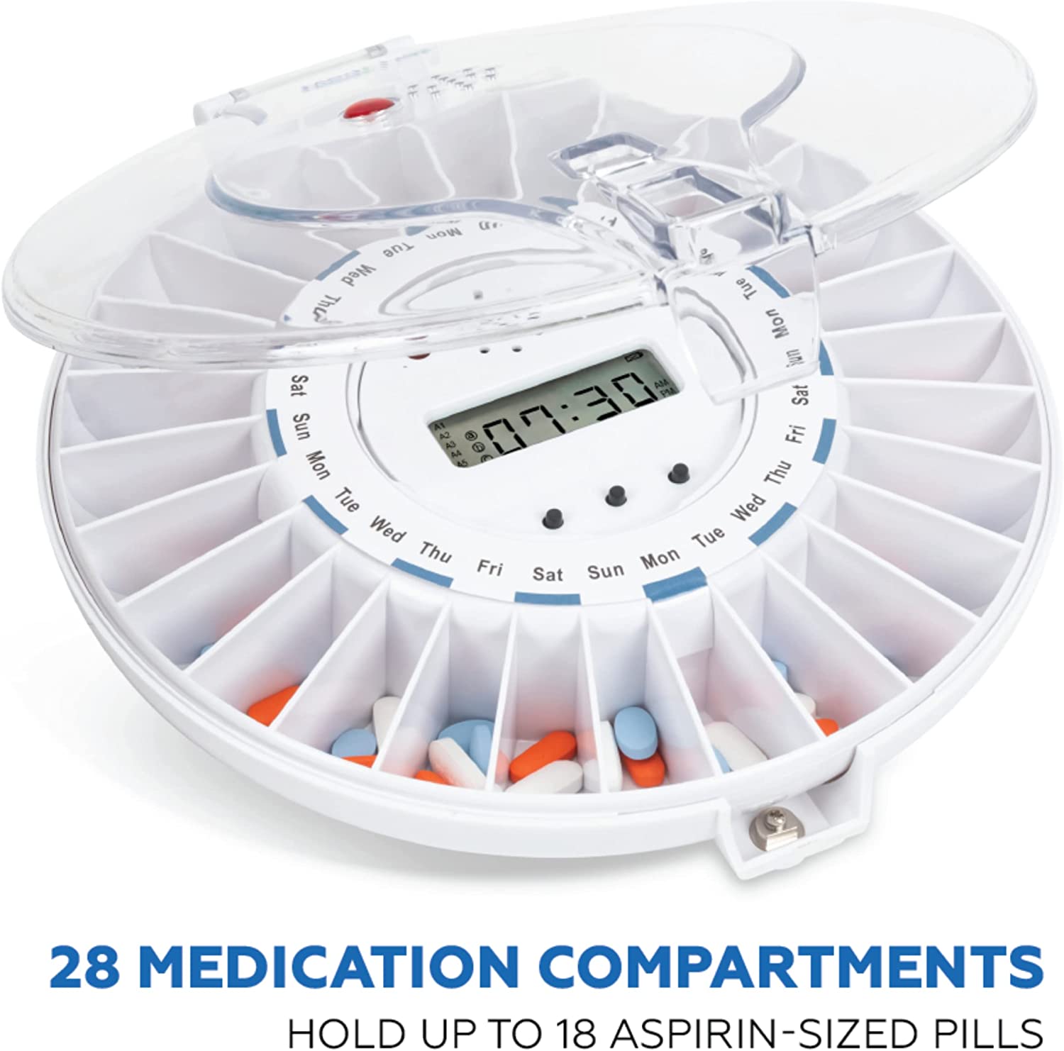 Med-E-Lert Medication Dispenser with Automatic Lock Box 28 Sealed Pill Compartments (Clear Lid)