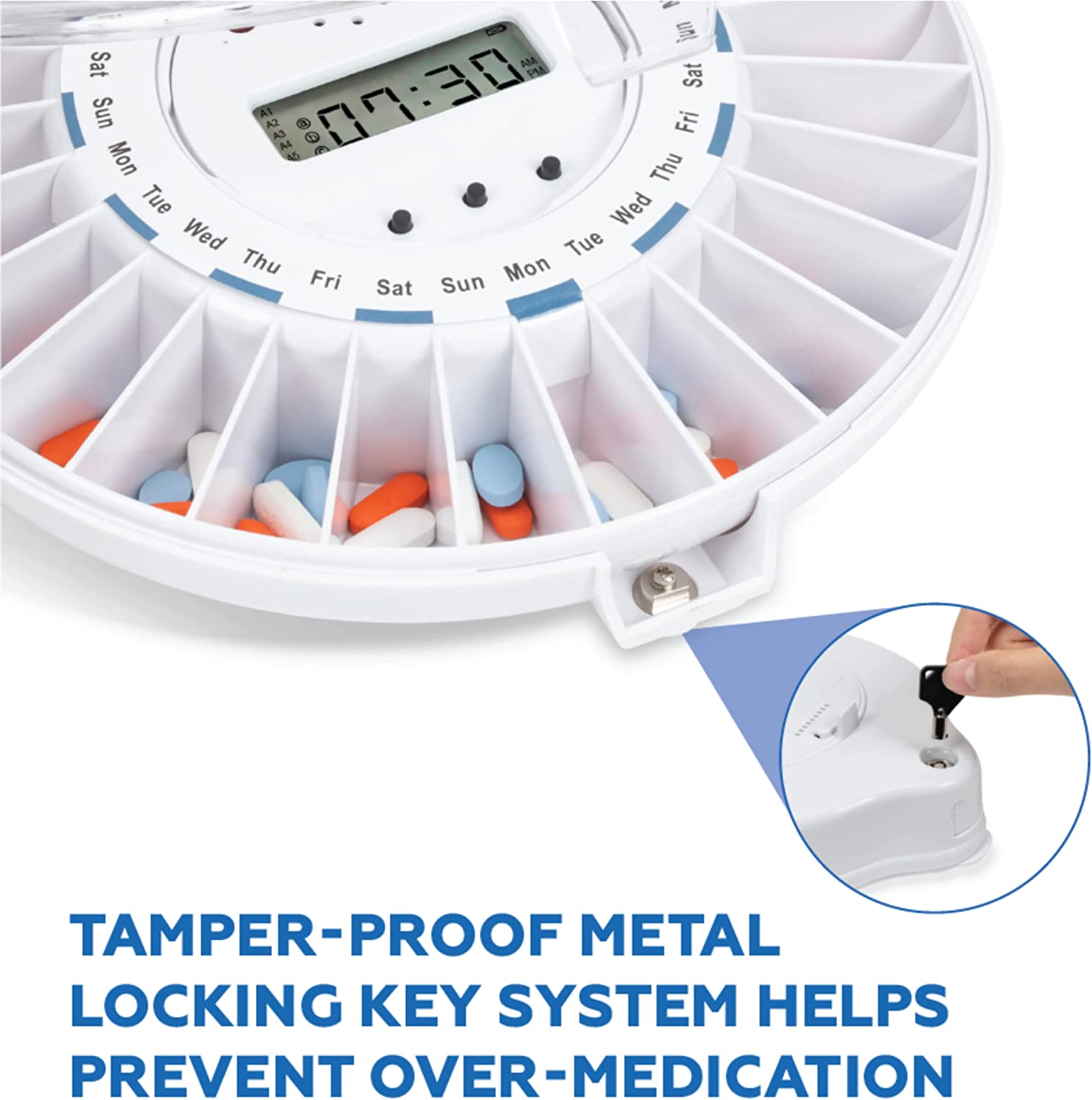 Med-E-Lert Medication Dispenser with Automatic Lock Box 28 Sealed Pill Compartments (Clear Lid)