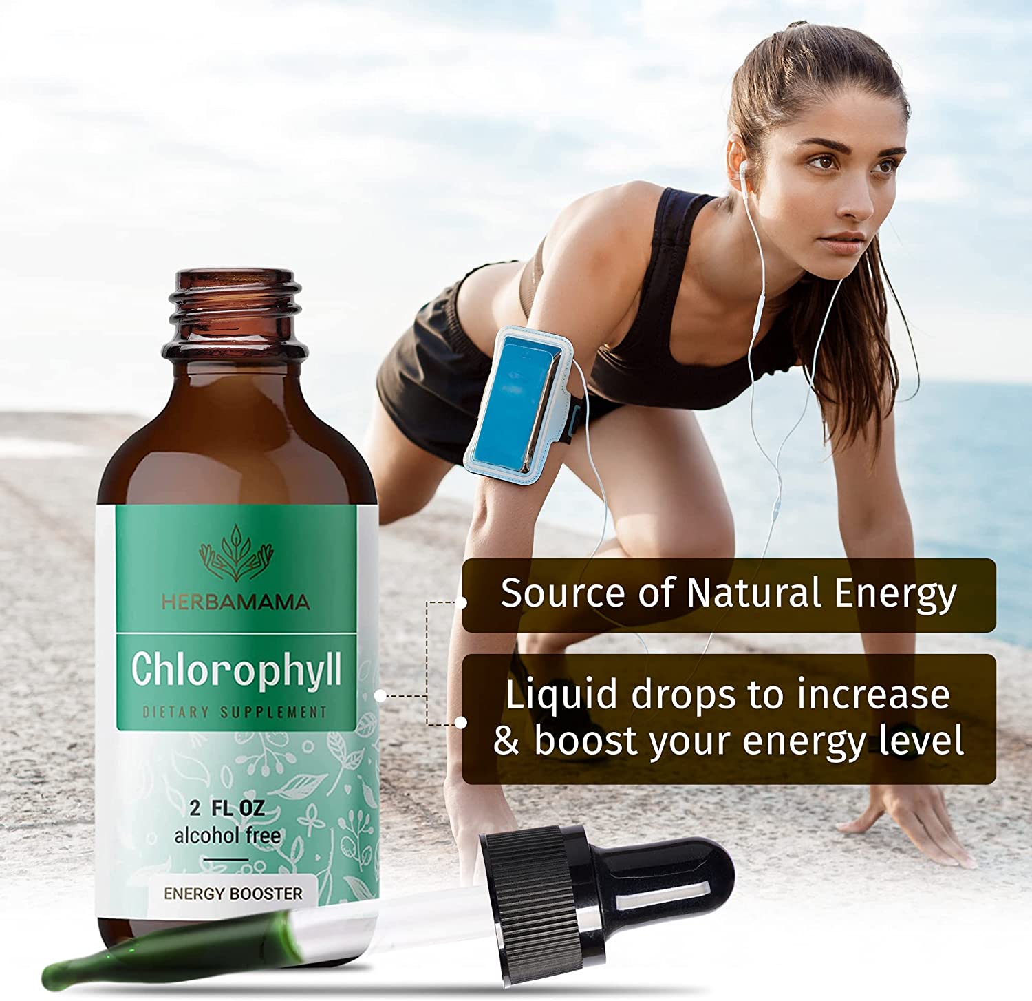HERBAMAMA Chlorophyll Liquid Drops - Energy Booster, Digestion & Immune Support - Vegan Natural Supp