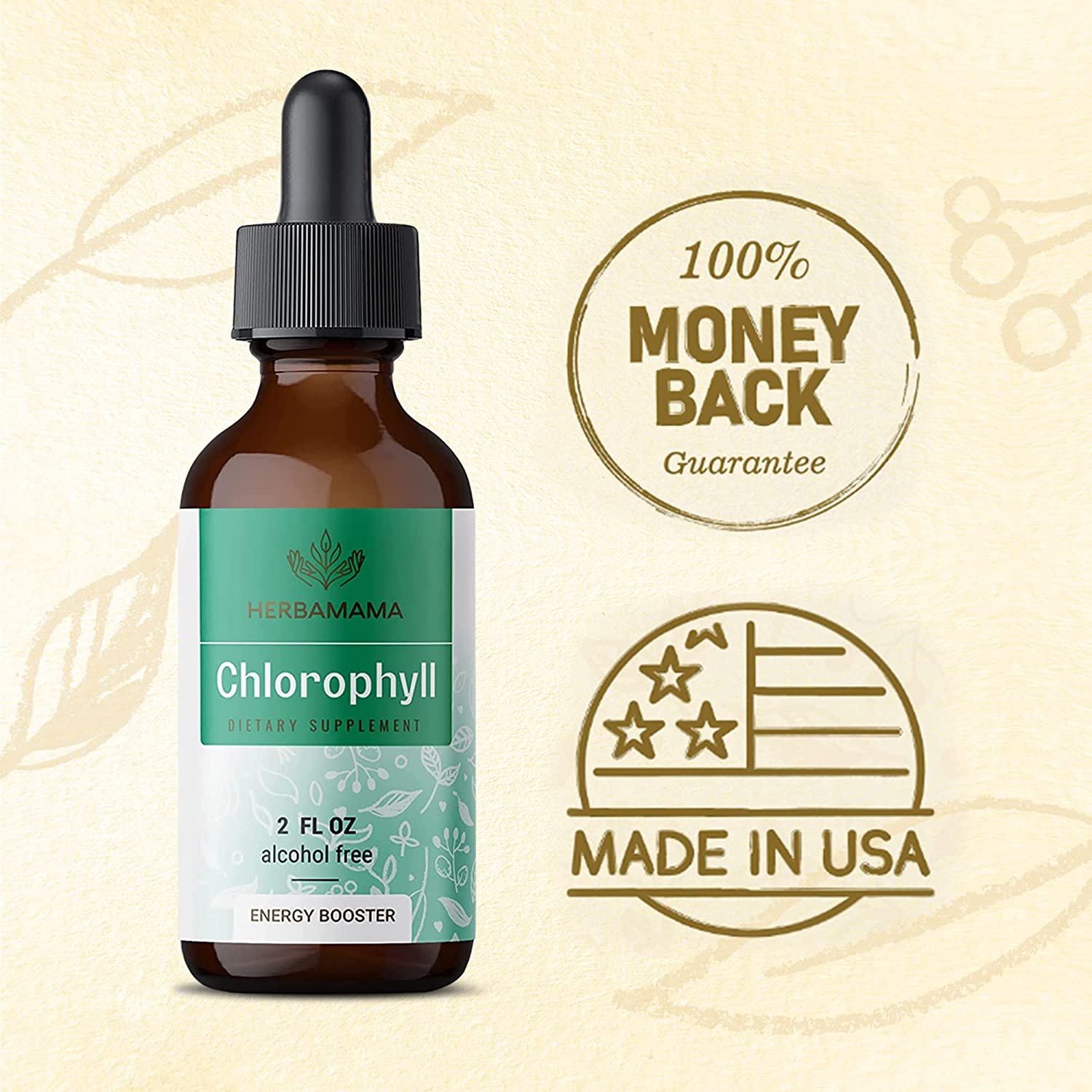 HERBAMAMA Chlorophyll Liquid Drops - Energy Booster, Digestion & Immune Support - Vegan Natural Supp