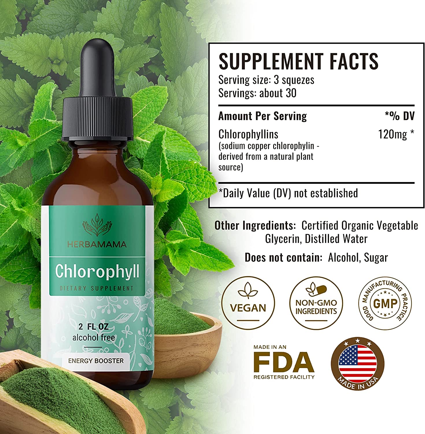HERBAMAMA Chlorophyll Liquid Drops - Energy Booster, Digestion & Immune Support - Vegan Natural Supp
