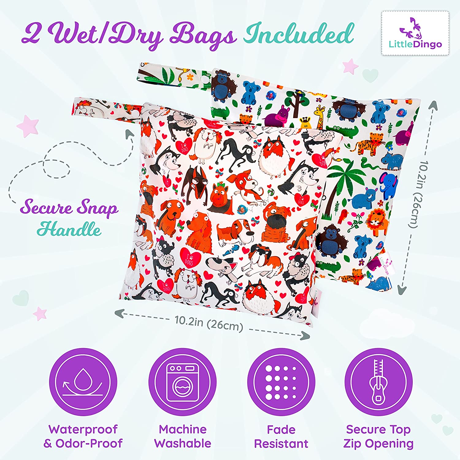 LittleDingo Reusable Cloth Diapers for Babies and Toddlers - 4 Reusable Charcoal Bamboo Diapers + 4 