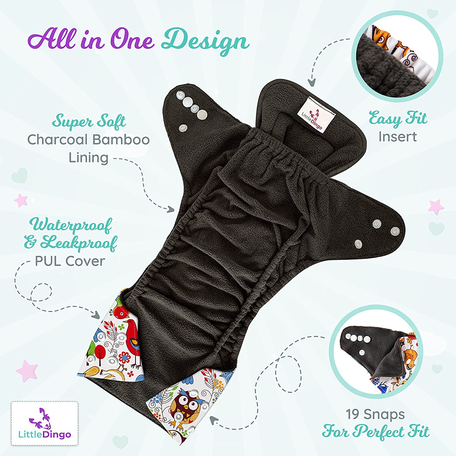 LittleDingo Reusable Cloth Diapers for Babies and Toddlers - 4 Reusable Charcoal Bamboo Diapers + 4 