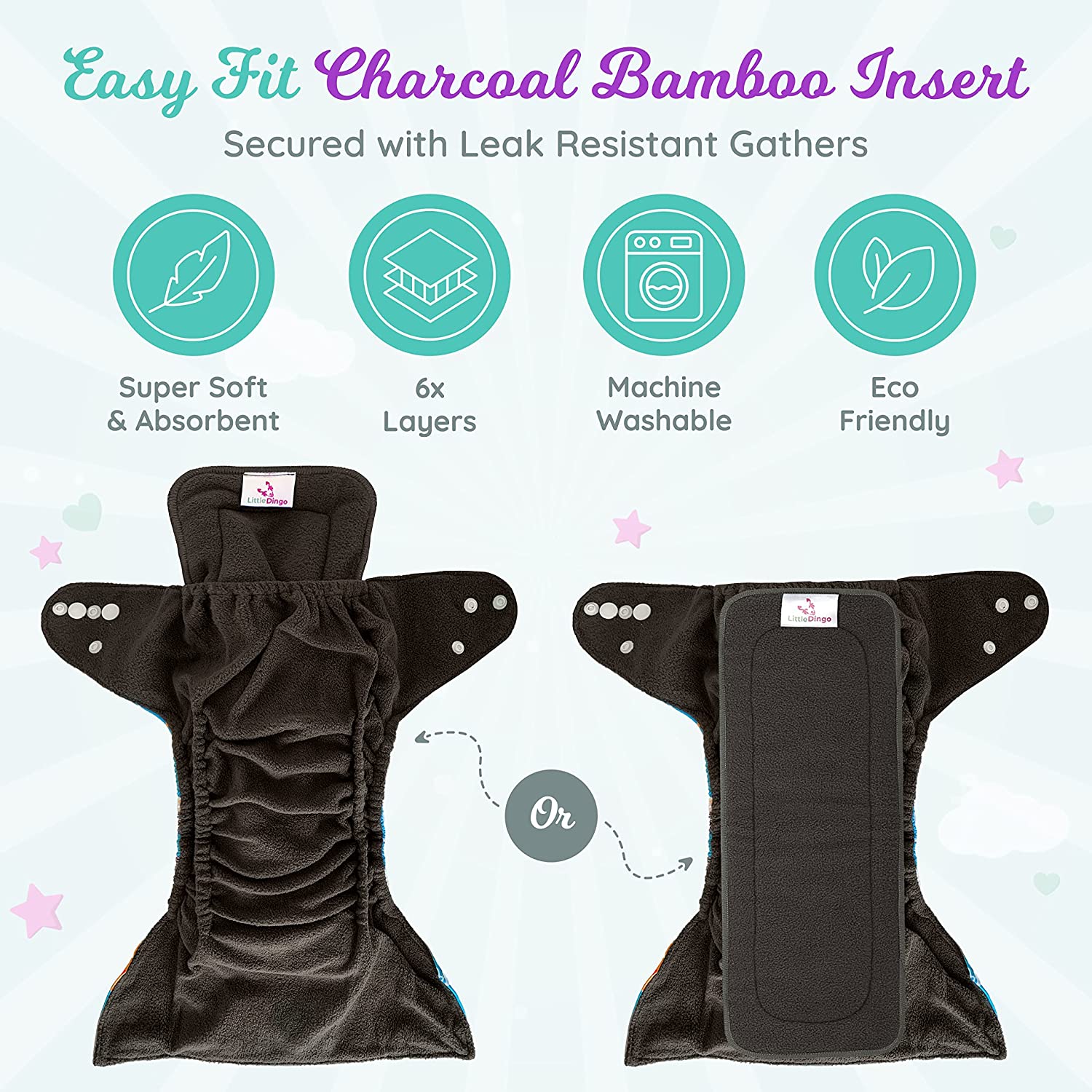 LittleDingo Reusable Cloth Diapers for Babies and Toddlers - 4 Reusable Charcoal Bamboo Diapers + 4 