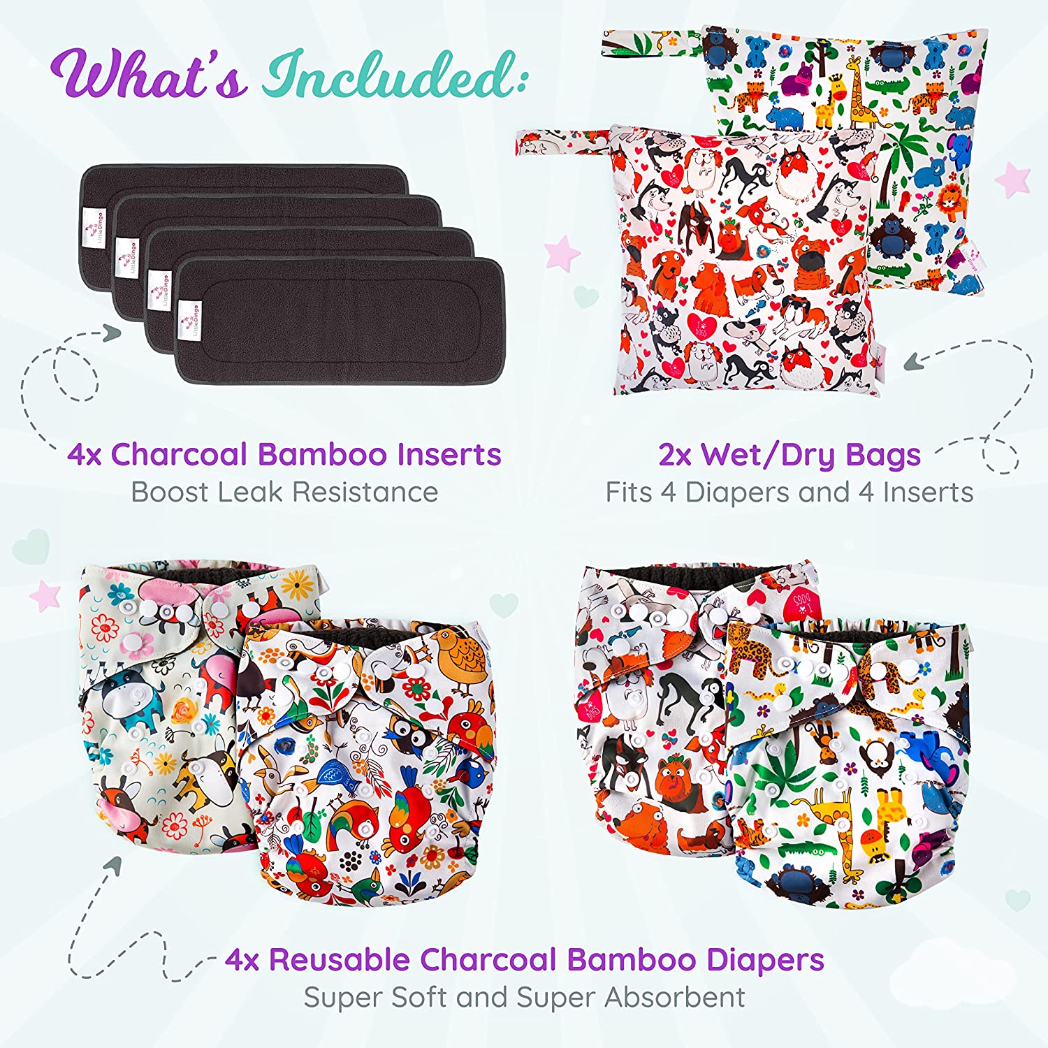 LittleDingo Reusable Cloth Diapers for Babies and Toddlers - 4 Reusable Charcoal Bamboo Diapers + 4 