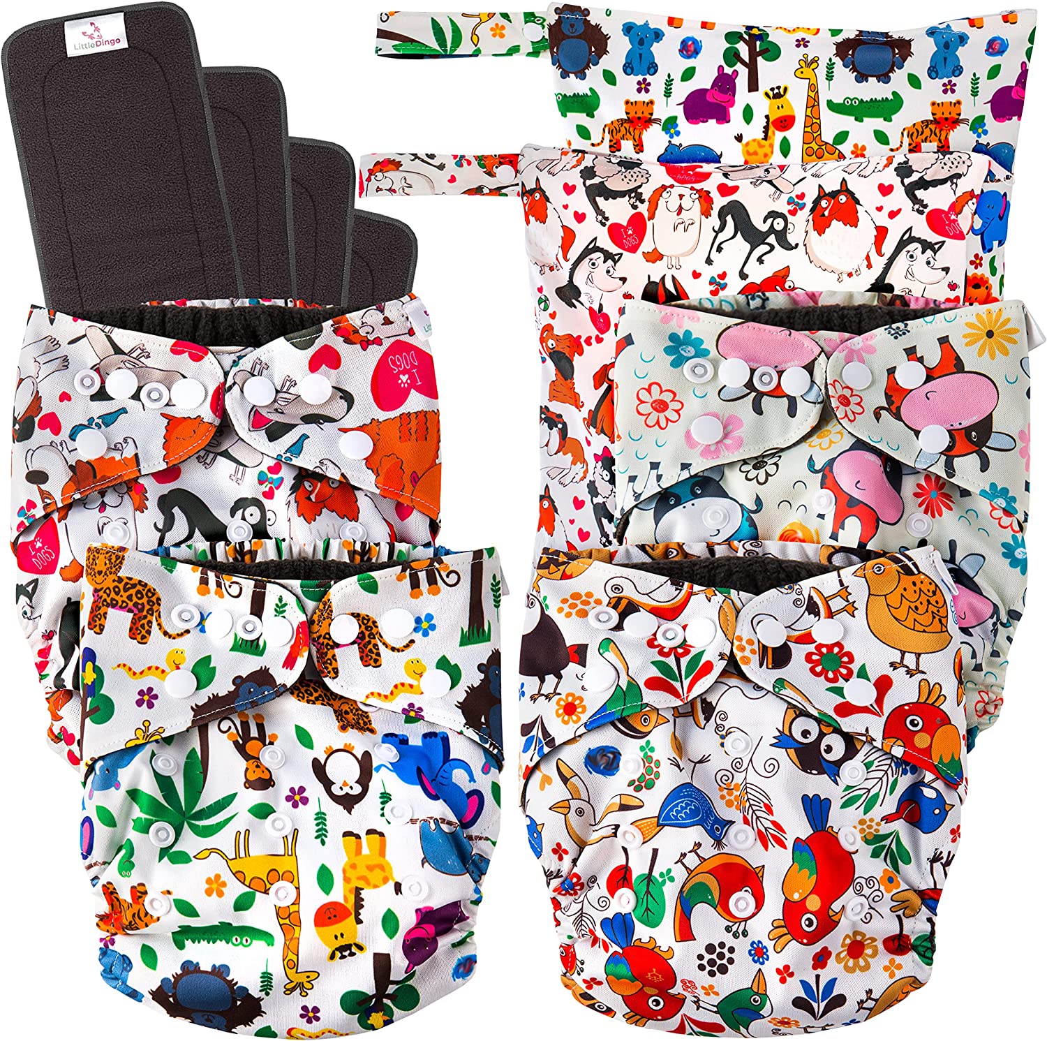 LittleDingo Reusable Cloth Diapers for Babies and Toddlers - 4 Reusable Charcoal Bamboo Diapers + 4 