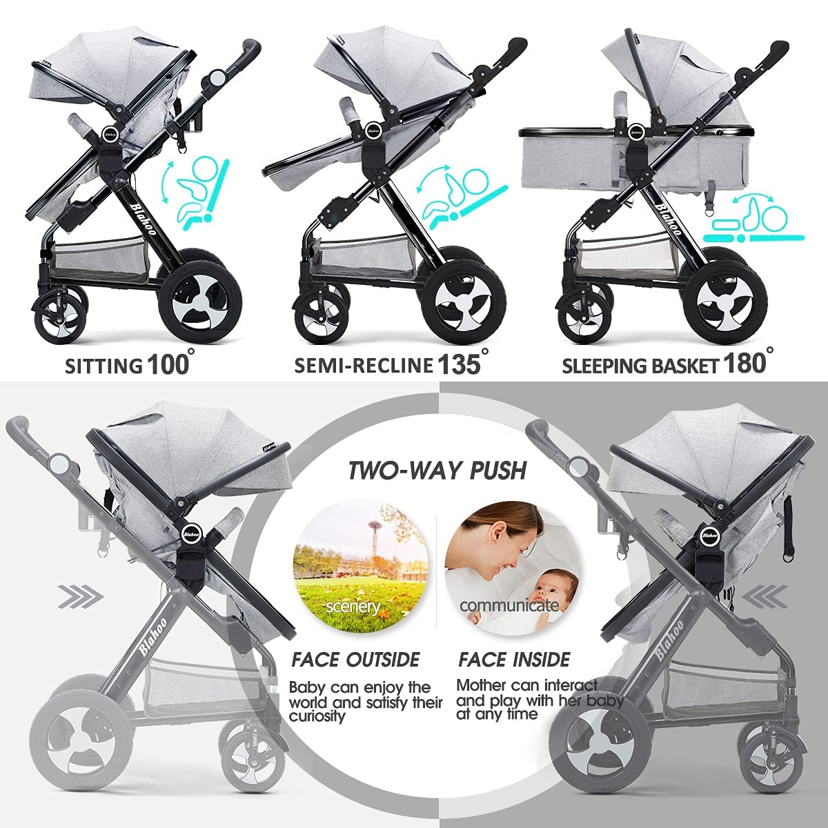 Blahoo Baby Stroller for Newborn, 2 in1 High Landscape Stroller, Foldable Aluminum Alloy Pushchair w