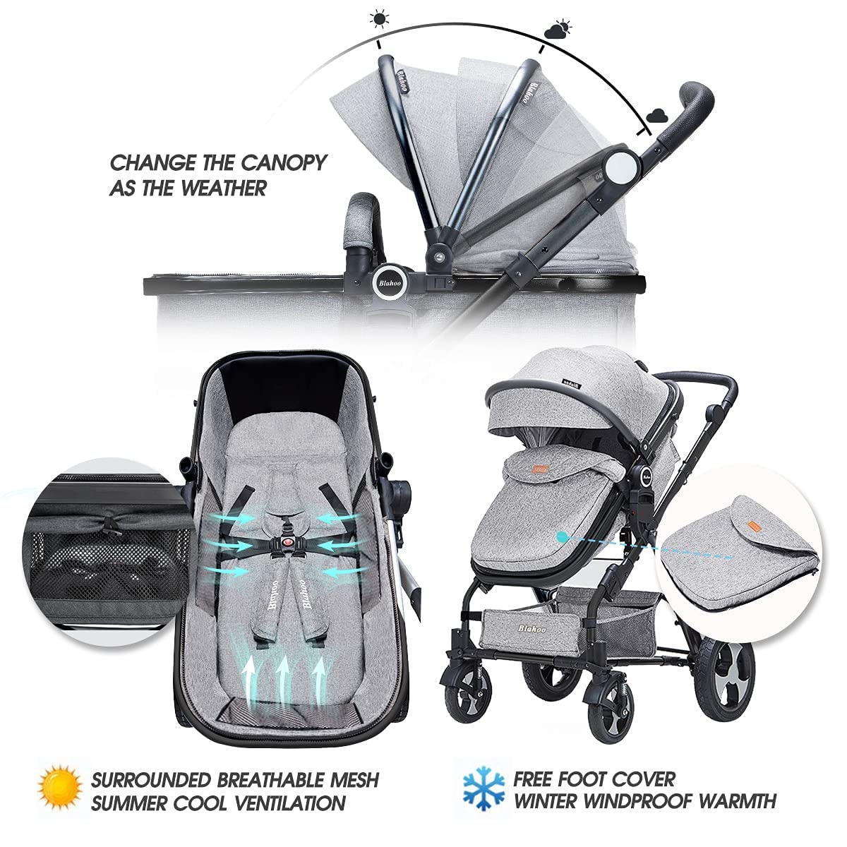 Blahoo Baby Stroller for Newborn, 2 in1 High Landscape Stroller, Foldable Aluminum Alloy Pushchair w