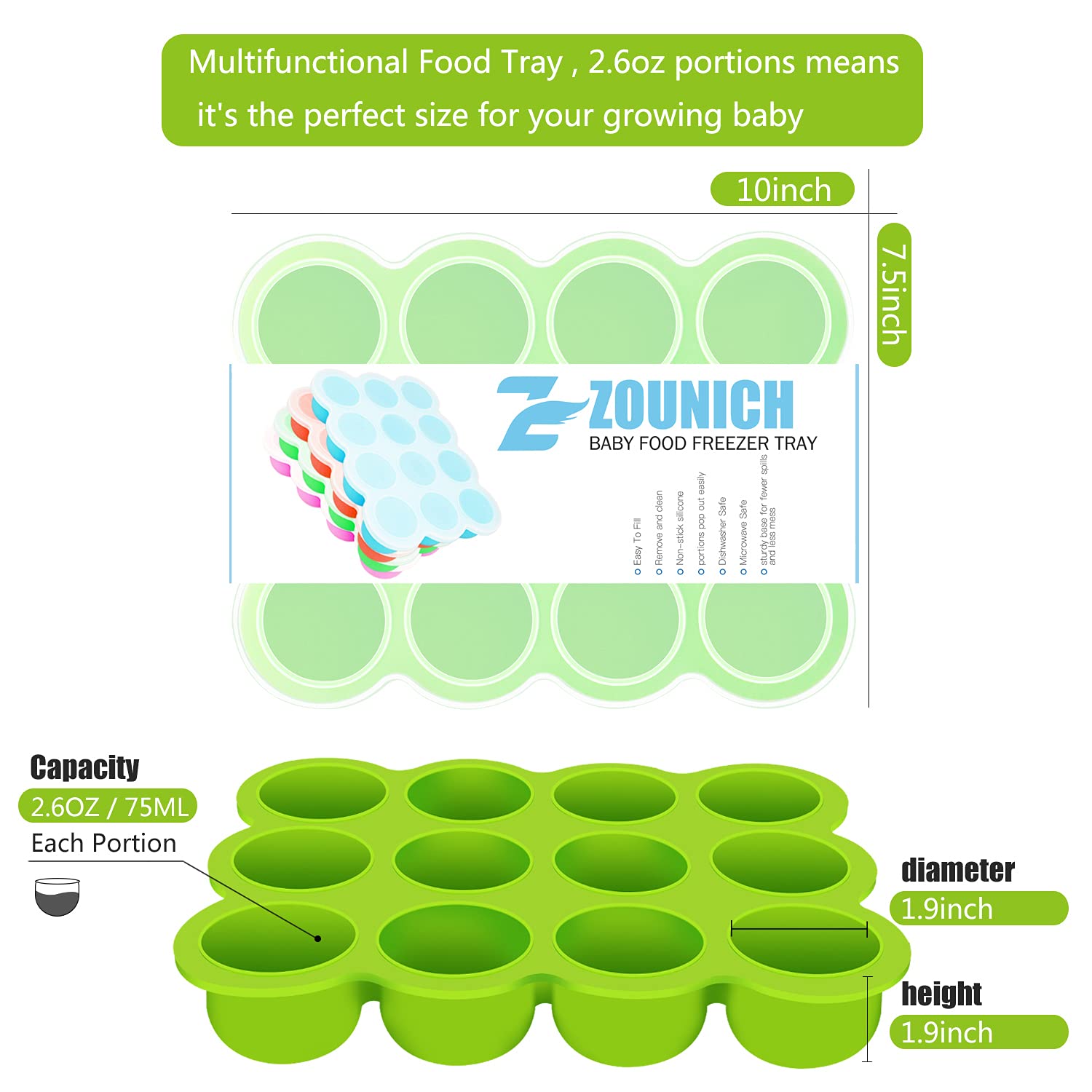 ZOUNICH Baby Food Storage Container 2 Packs, 10/12 Hole Silicone Baby Food Freezer Tray with Clip-on