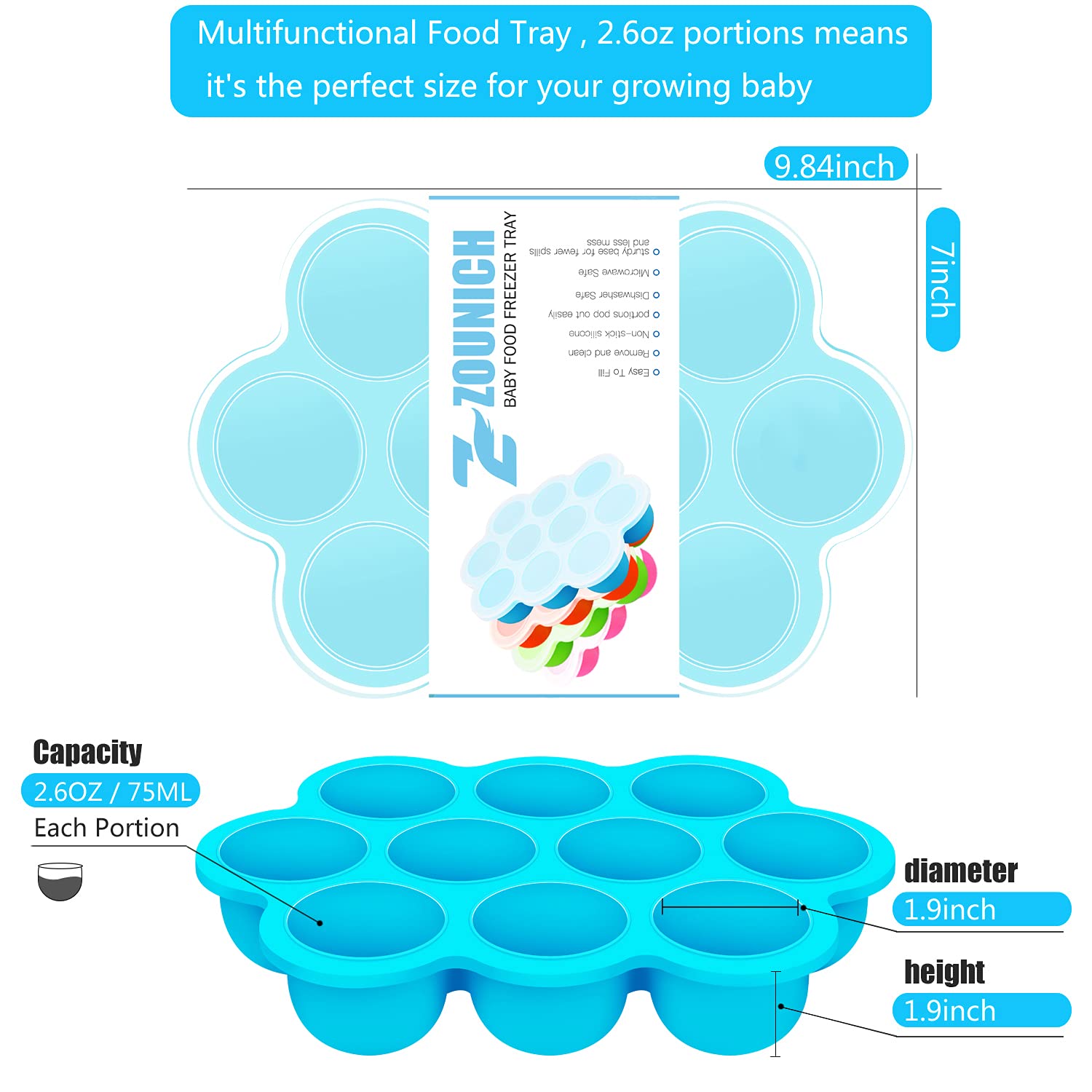 ZOUNICH Baby Food Storage Container 2 Packs, 10/12 Hole Silicone Baby Food Freezer Tray with Clip-on