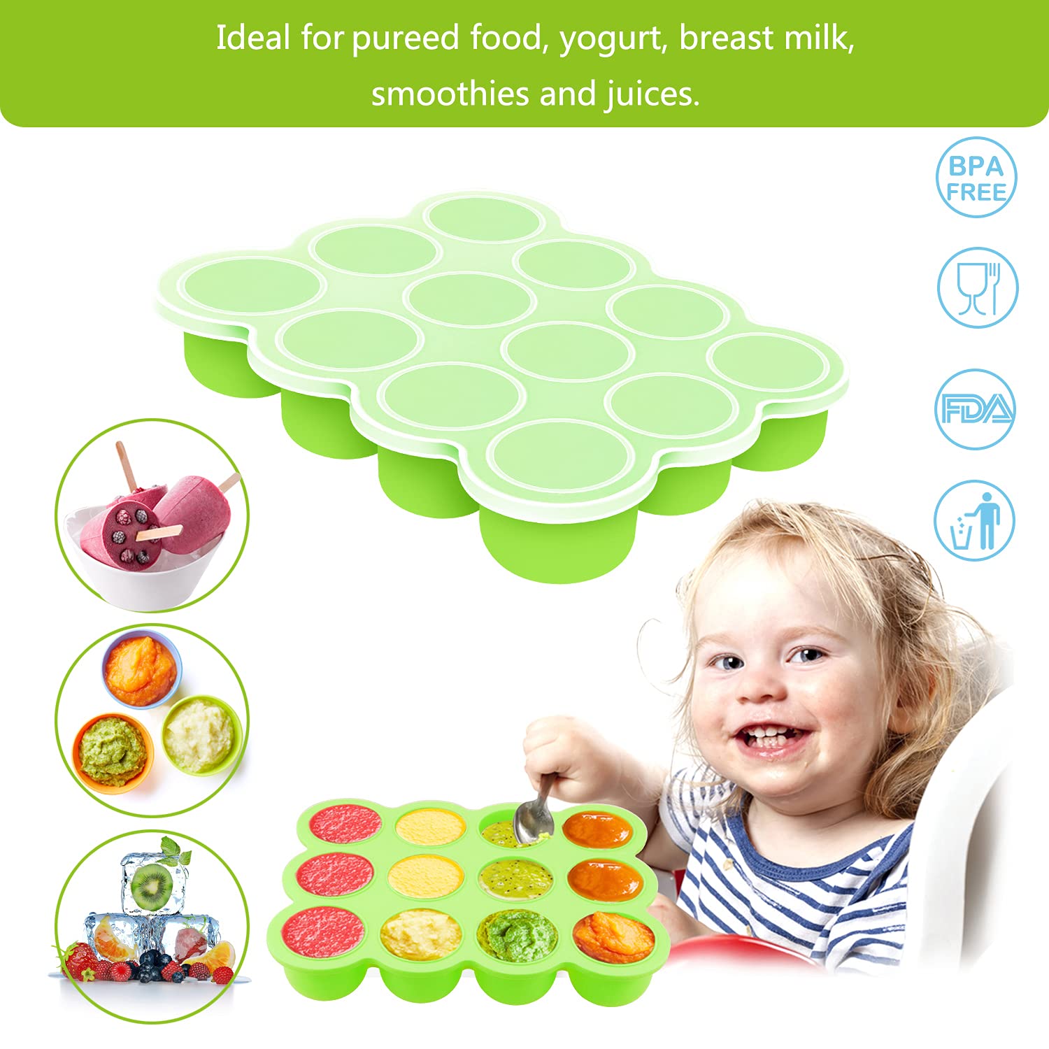 ZOUNICH Baby Food Storage Container 2 Packs, 10/12 Hole Silicone Baby Food Freezer Tray with Clip-on