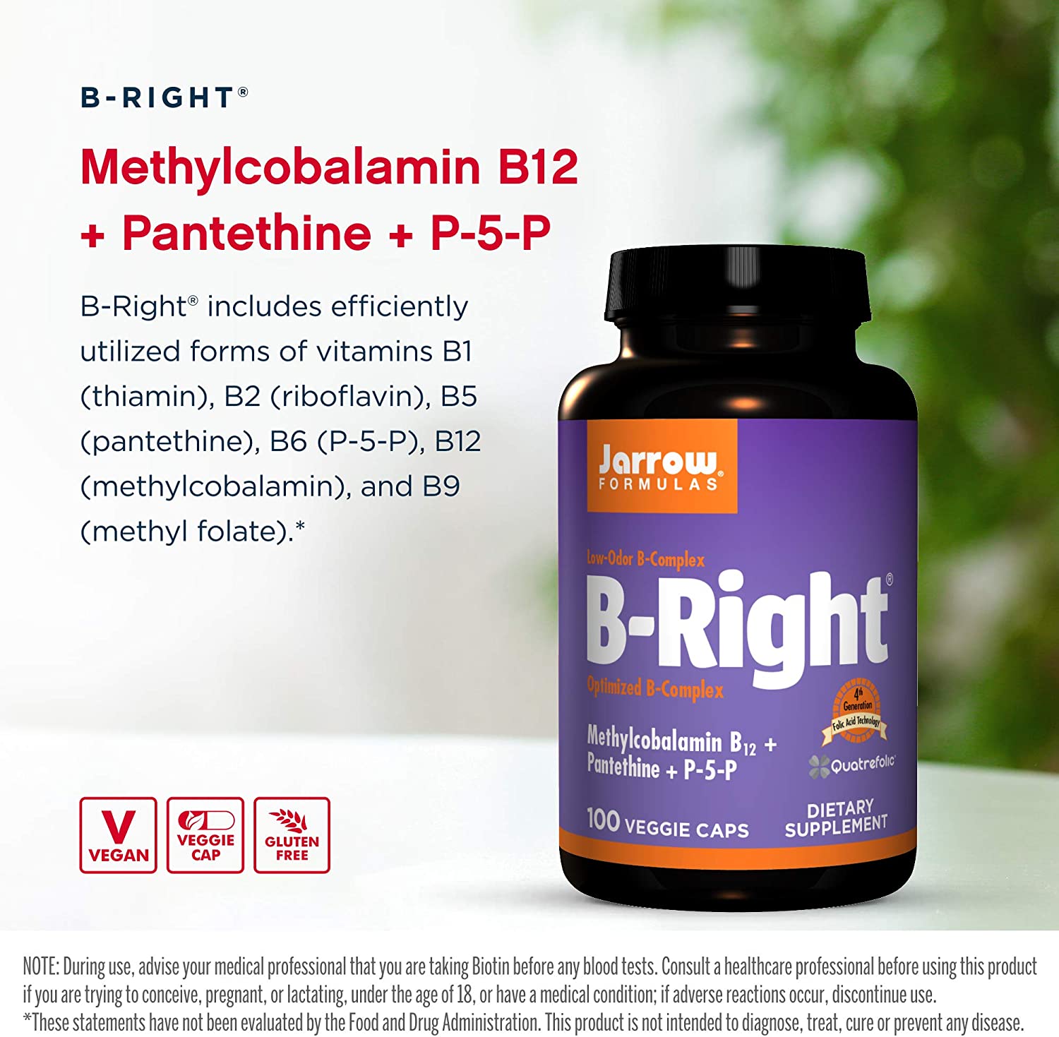 Jarrow Formulas B-Right - 100 Veggie Caps - Low-Odor Vitamin B-Complex Formula - Energy & Metabolism