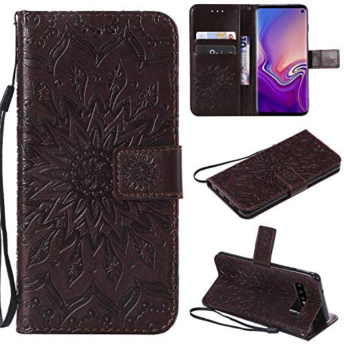 Cfrau Kickstand Wallet Case with Black Stylus for Samsung Galaxy S10,Retro Mandala Sunflower PU Leat