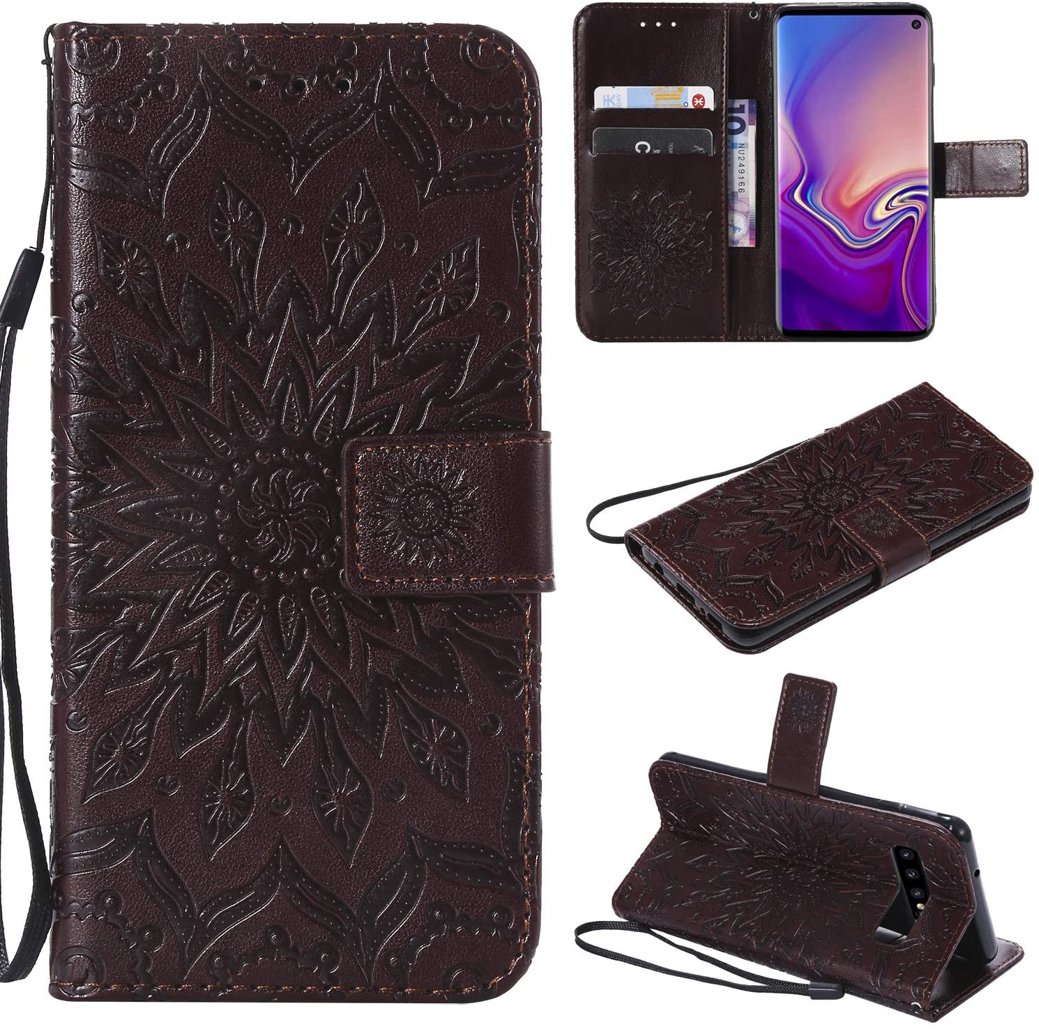 Cfrau Kickstand Wallet Case with Black Stylus for Samsung Galaxy S10,Retro Mandala Sunflower PU Leat