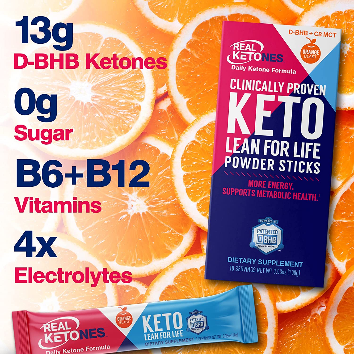 Real Ketones Prime D - Exogenous Keto D BHB + MCT + Electrolytes, Drink Mix Powder, 30 Packets, Oran
