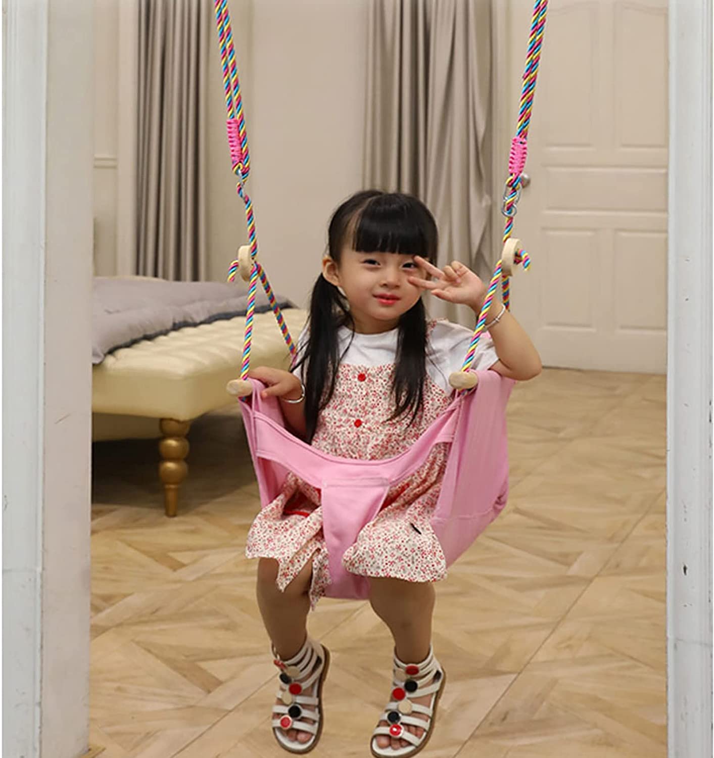 Baby Wooden Swing Set Canvas Seat Set Comfortable Chair Hammock Handmade Kids Indoor Outdoor Hanging