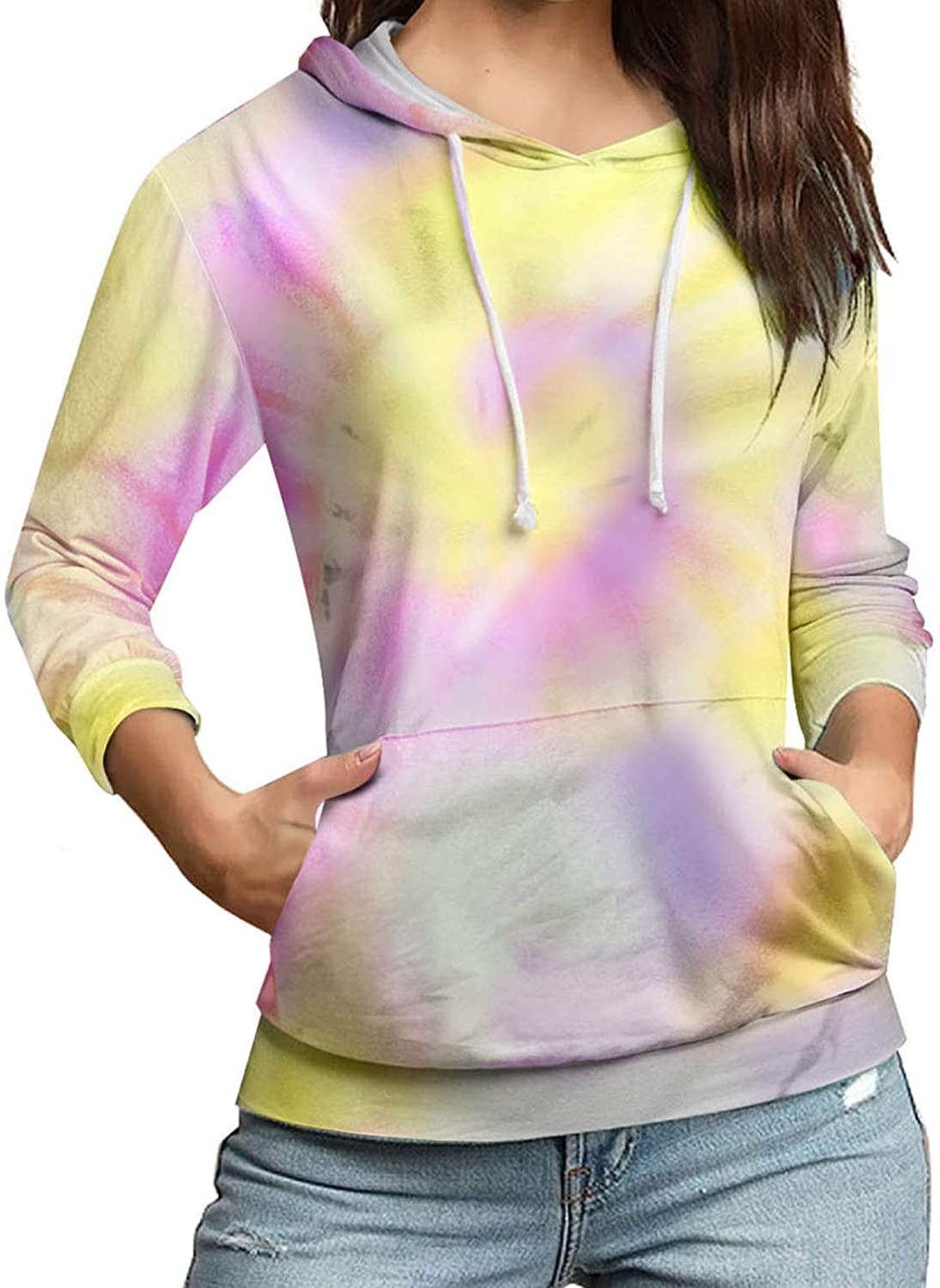 Tie Dye Hooded Sweatshirt Womens Casual Long Sleeve Colorblock Tops Crewneck Lightweight Pullover Ho