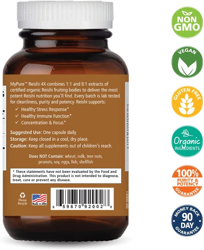 Pure Essence Labs MyPure Reishi 4X Organic Mushrooms Supplement - 100% Real Mushroom Extract for Imm