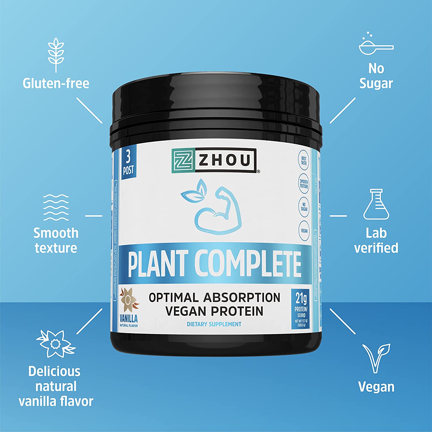 Zhou Nutrition Plant Based Vegan Protein Powder, Best Absorption & Digest Score, Complete Amino Acid