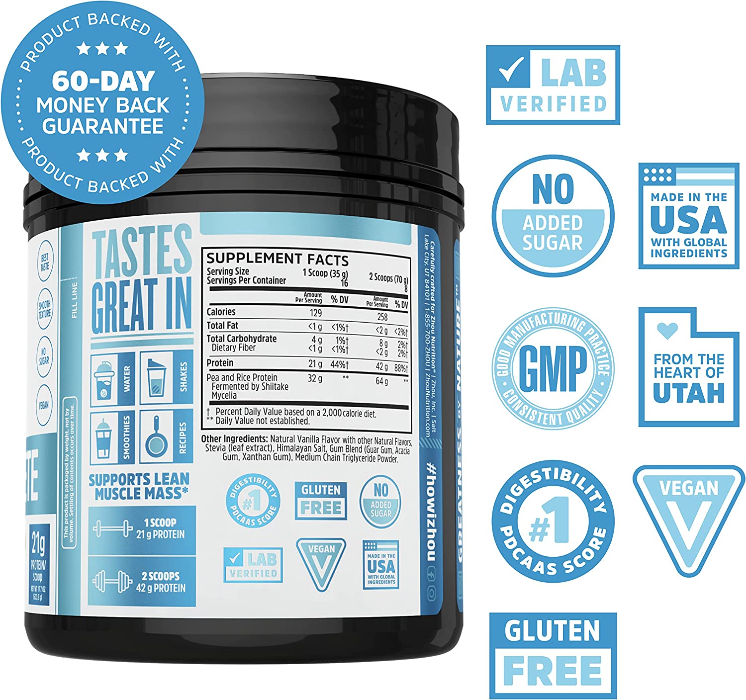 Zhou Nutrition Plant Based Vegan Protein Powder, Best Absorption & Digest Score, Complete Amino Acid