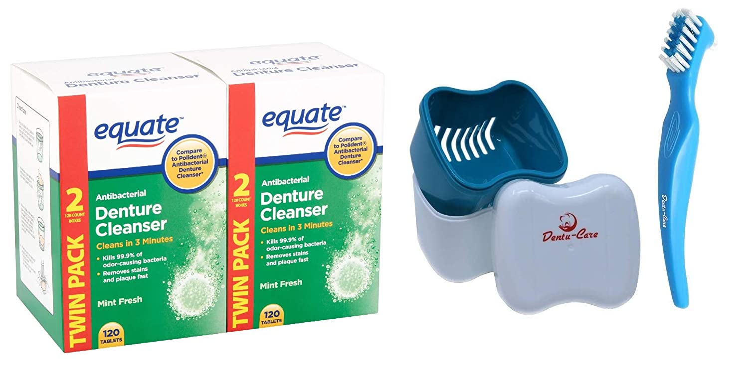 Equate Denture Cleaner Tablets Fresh Mint 240 Count With Dentu-Care Denture Retainer Cleaning Cup Ca