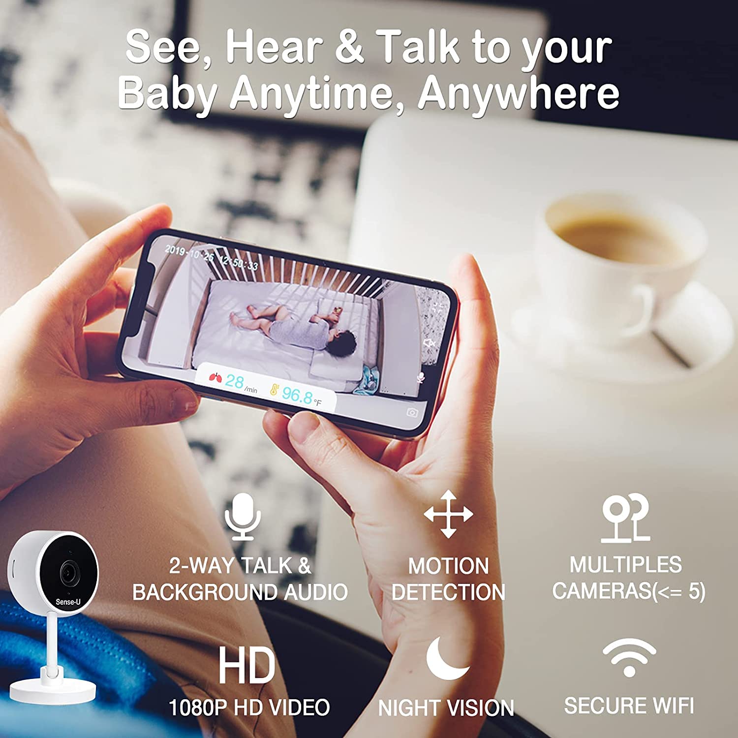Sense-U Baby Monitor with Camera and Audio, Video Baby Monitor with Breathing, Movement, Skin Temper