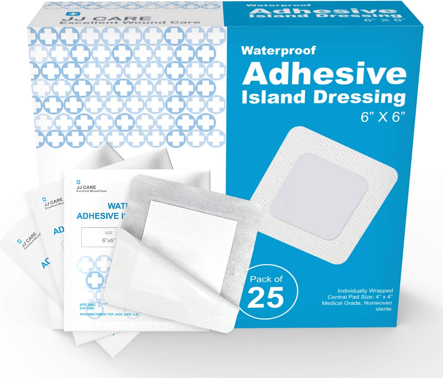 JJ CARE Island Dressing, Adhesive Gauze Pads, Island Dressing 6x6, Bordered Gauze, Adhesive Island W