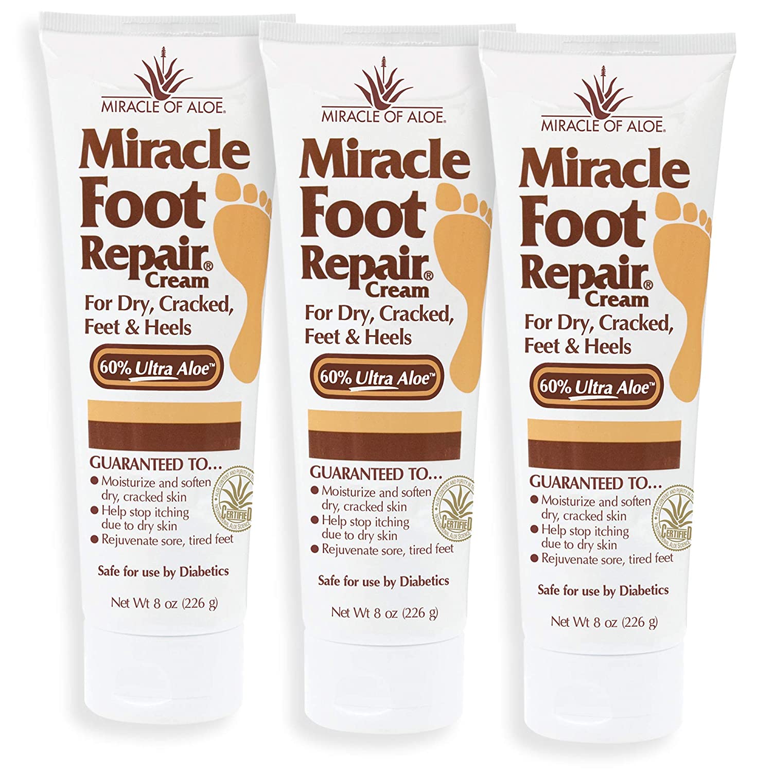 Miracle Foot Repair Cream | 8 Ounce Tube (3) | 60% Pure Aloe Vera Gel | Fast Relief for Dry, Cracked