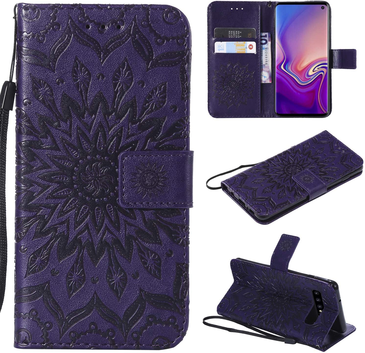 Cfrau Kickstand Wallet Case with Black Stylus for Samsung Galaxy S10,Retro Mandala Sunflower PU Leat