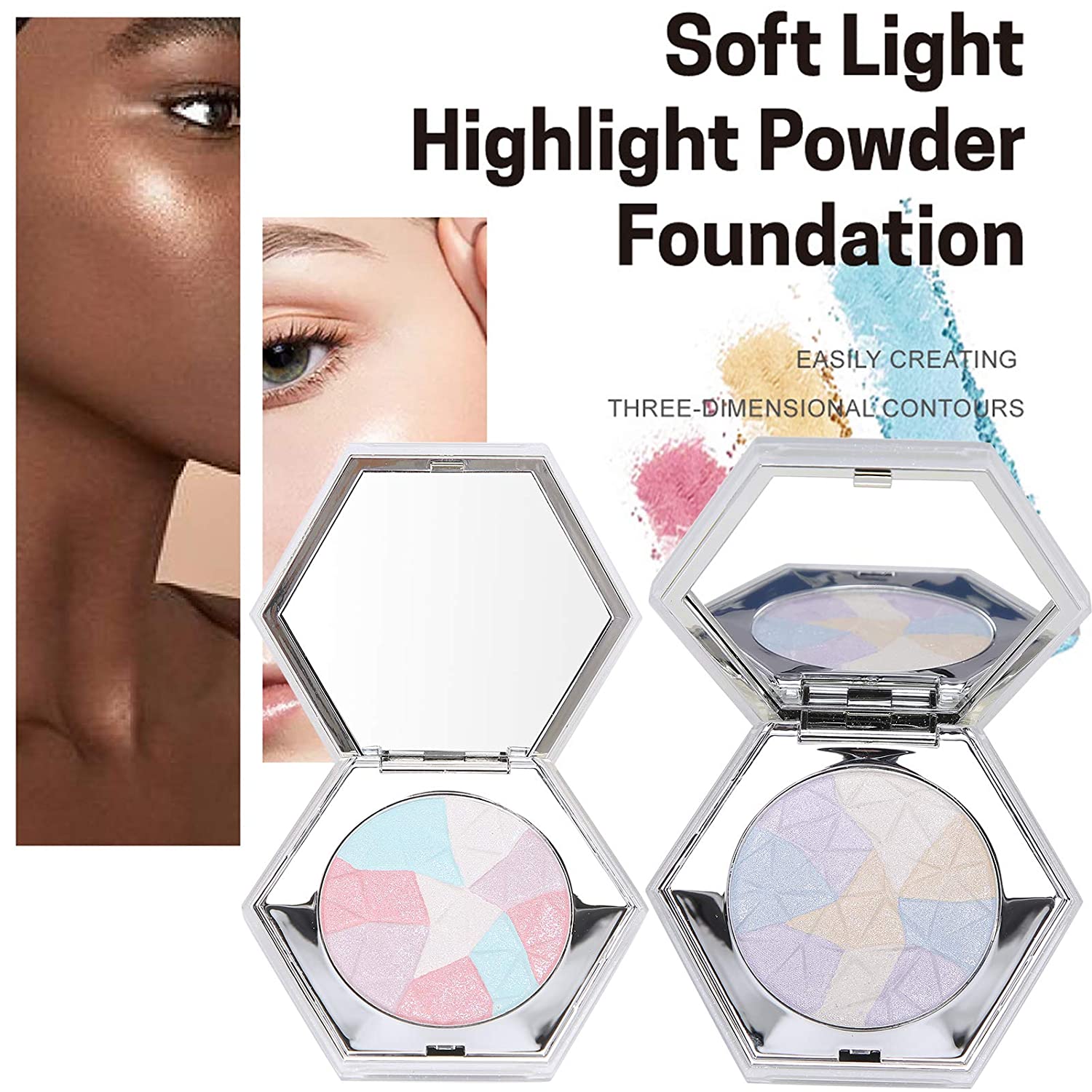 2pcs Highlight Pressed Powder, Long Lasting and Waterproof Glitter Face Contour Powder Highlighter M