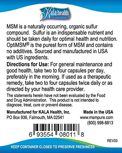 Kala Health MSMPure Vegetarian Capsules, 250 Count, Made with Organic Sulfur Crystals, 99.99% Pure D