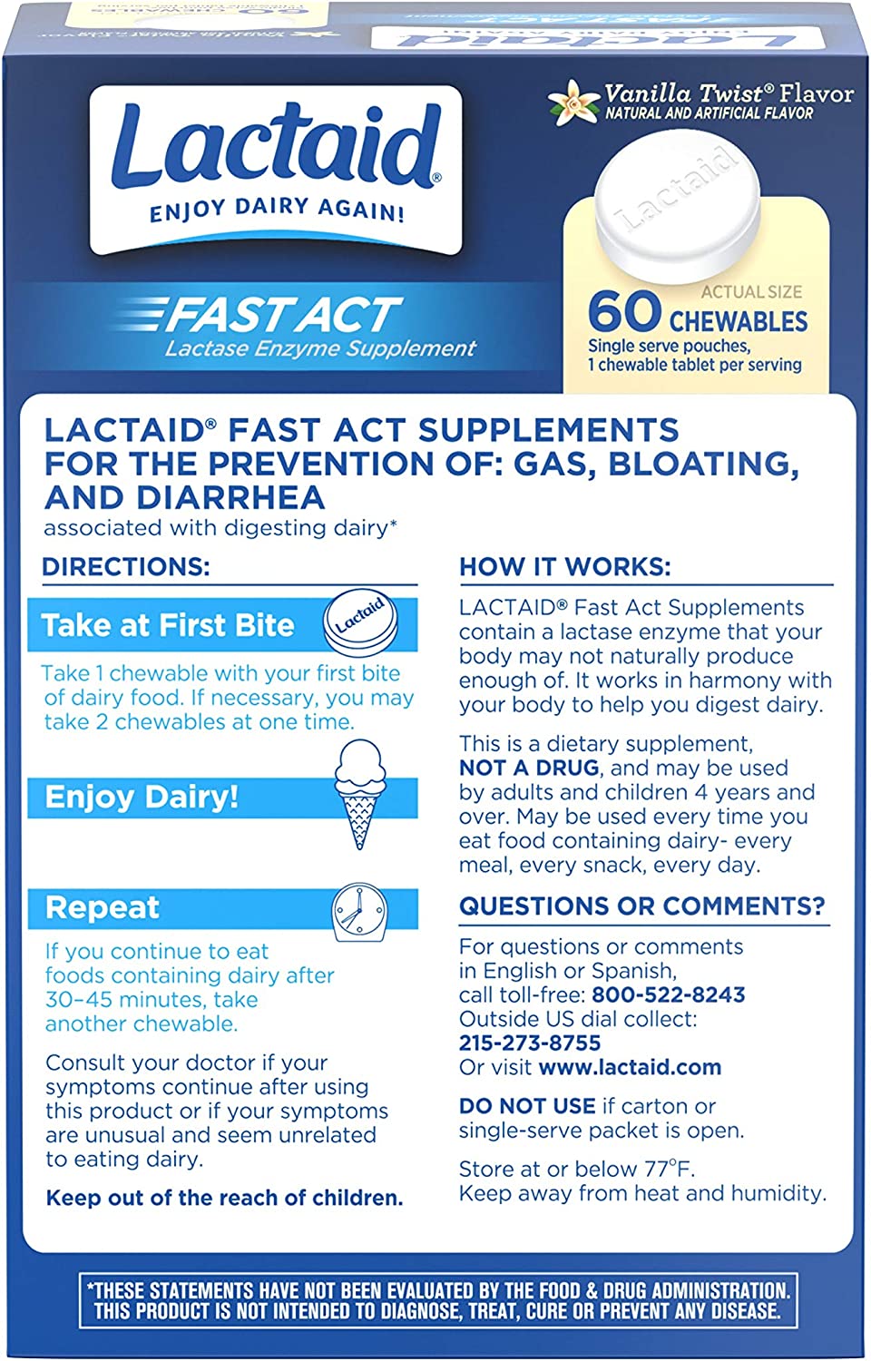 Lactaid Fast Act Lactose Intolerance Relief Chewables with Natural Lactase Enzyme to Prevent Gas