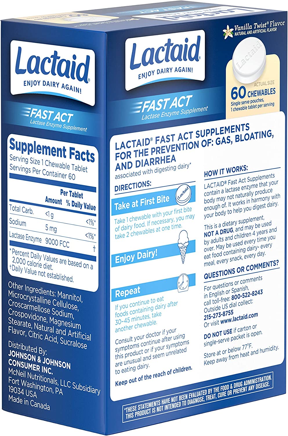 Lactaid Fast Act Lactose Intolerance Relief Chewables with Natural Lactase Enzyme to Prevent Gas, Bl