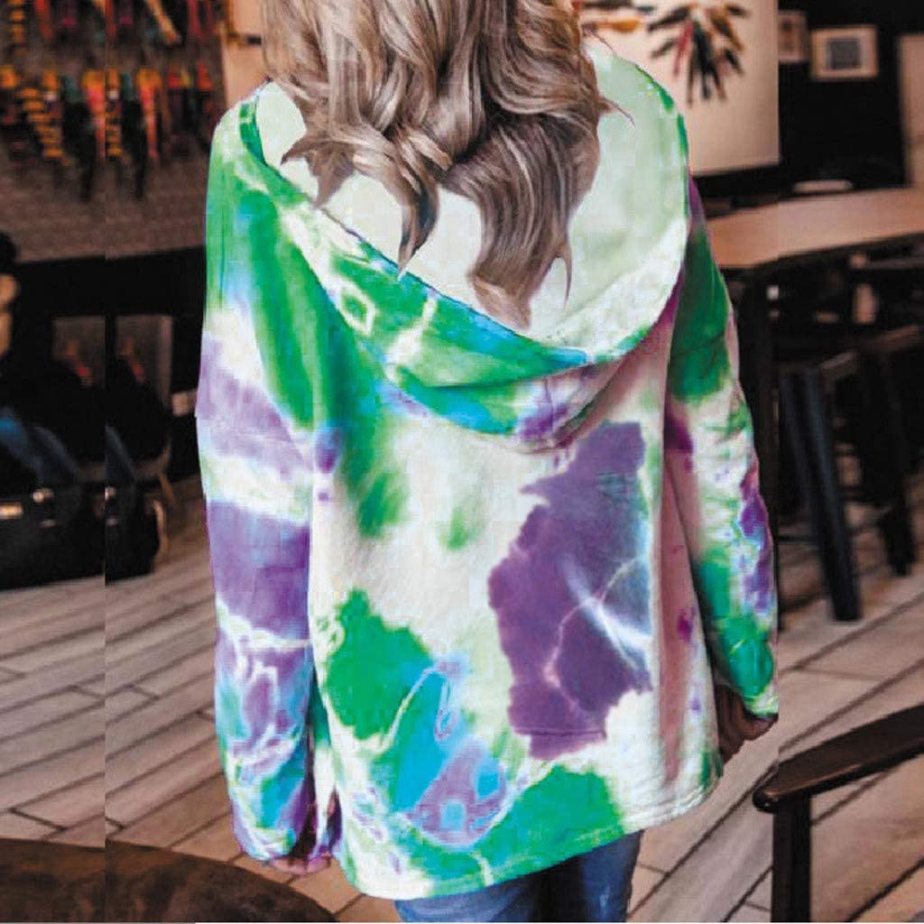 Dosoop Women Casual Loose Tie Dye Print Pullover Tops Hooded Front Pocket Long Sleeve Sweatshirt T-S