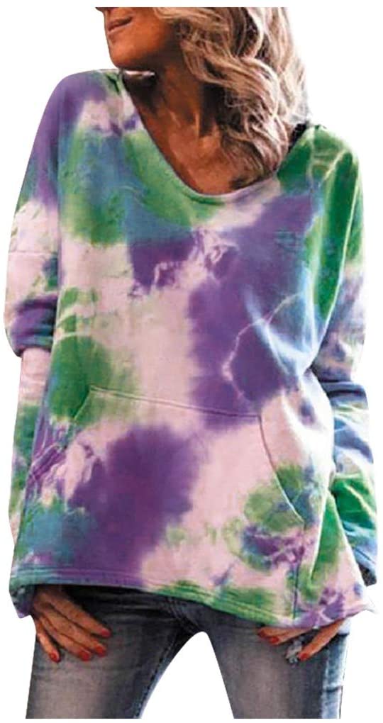 Dosoop Women Casual Loose Tie Dye Print Pullover Tops Hooded Front Pocket Long Sleeve Sweatshirt T-S