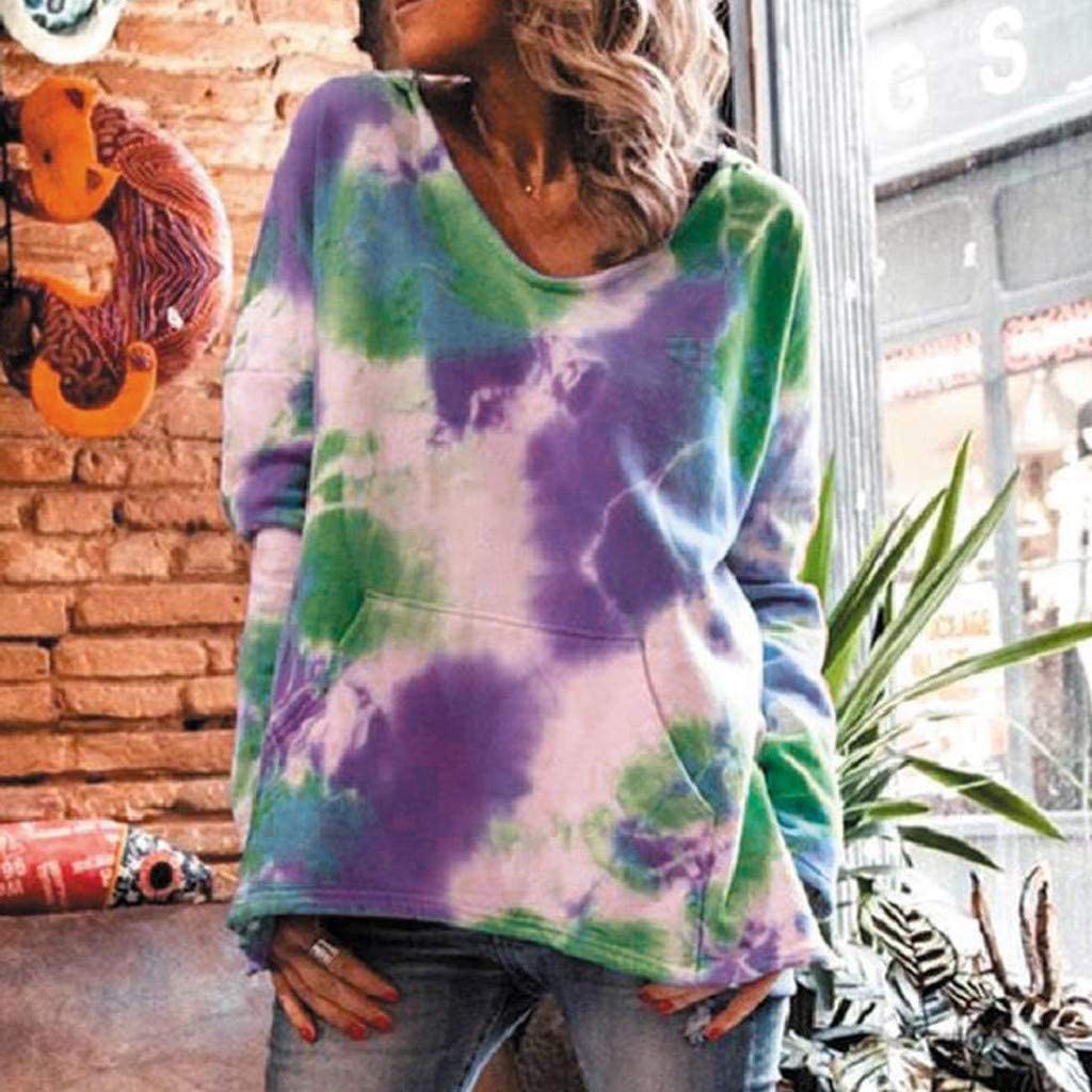 Dosoop Women Casual Loose Tie Dye Print Pullover Tops Hooded Front Pocket Long Sleeve Sweatshirt T-S