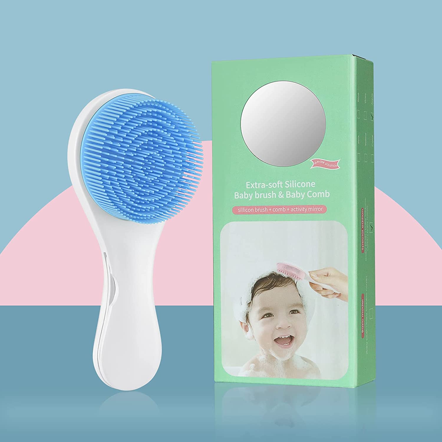 Baby Hair Brush and Comb Set - Silicone Baby Brush and Comb Set with Mirror 3 in 1, Super Soft for N