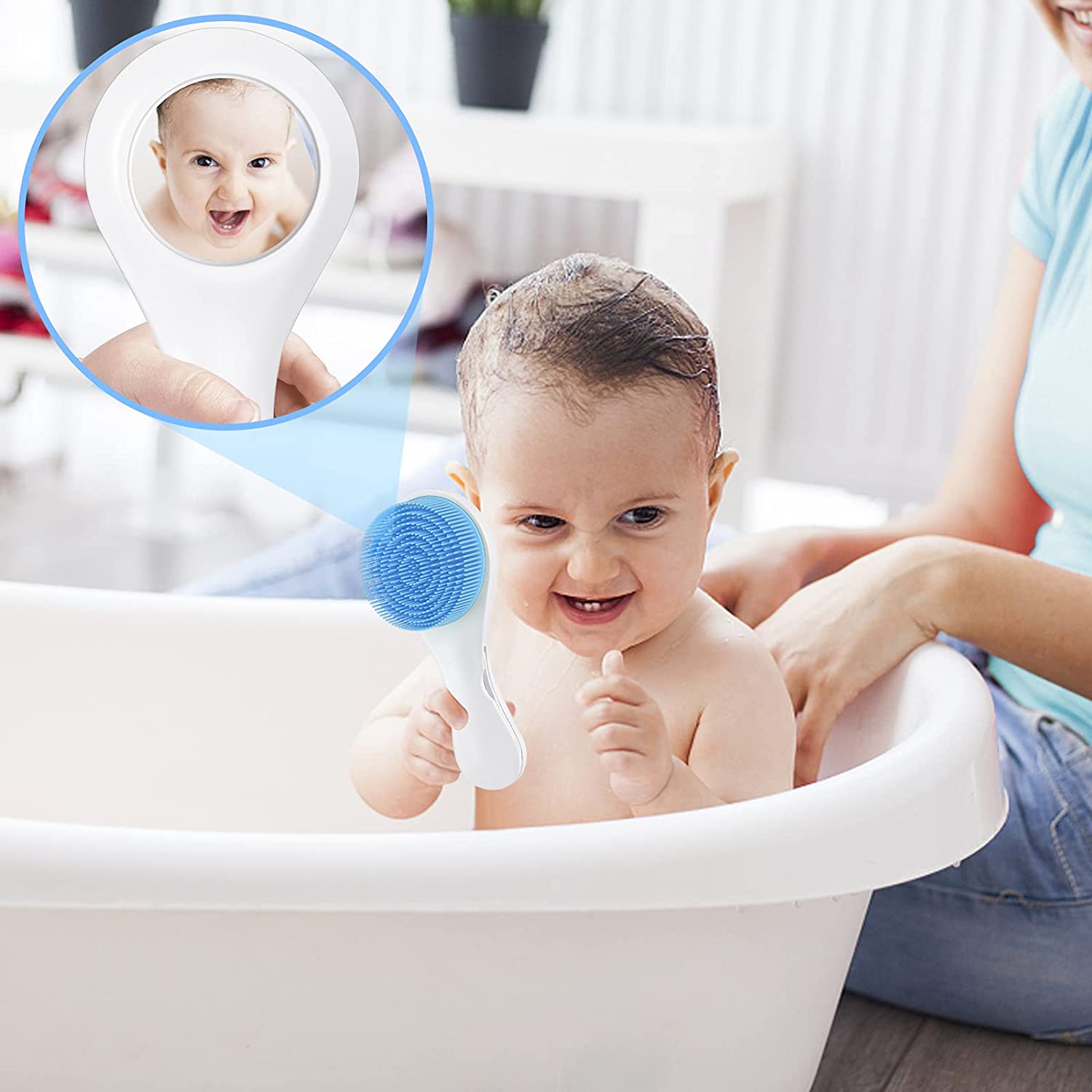 Baby Hair Brush and Comb Set - Silicone Baby Brush and Comb Set with Mirror 3 in 1, Super Soft for N