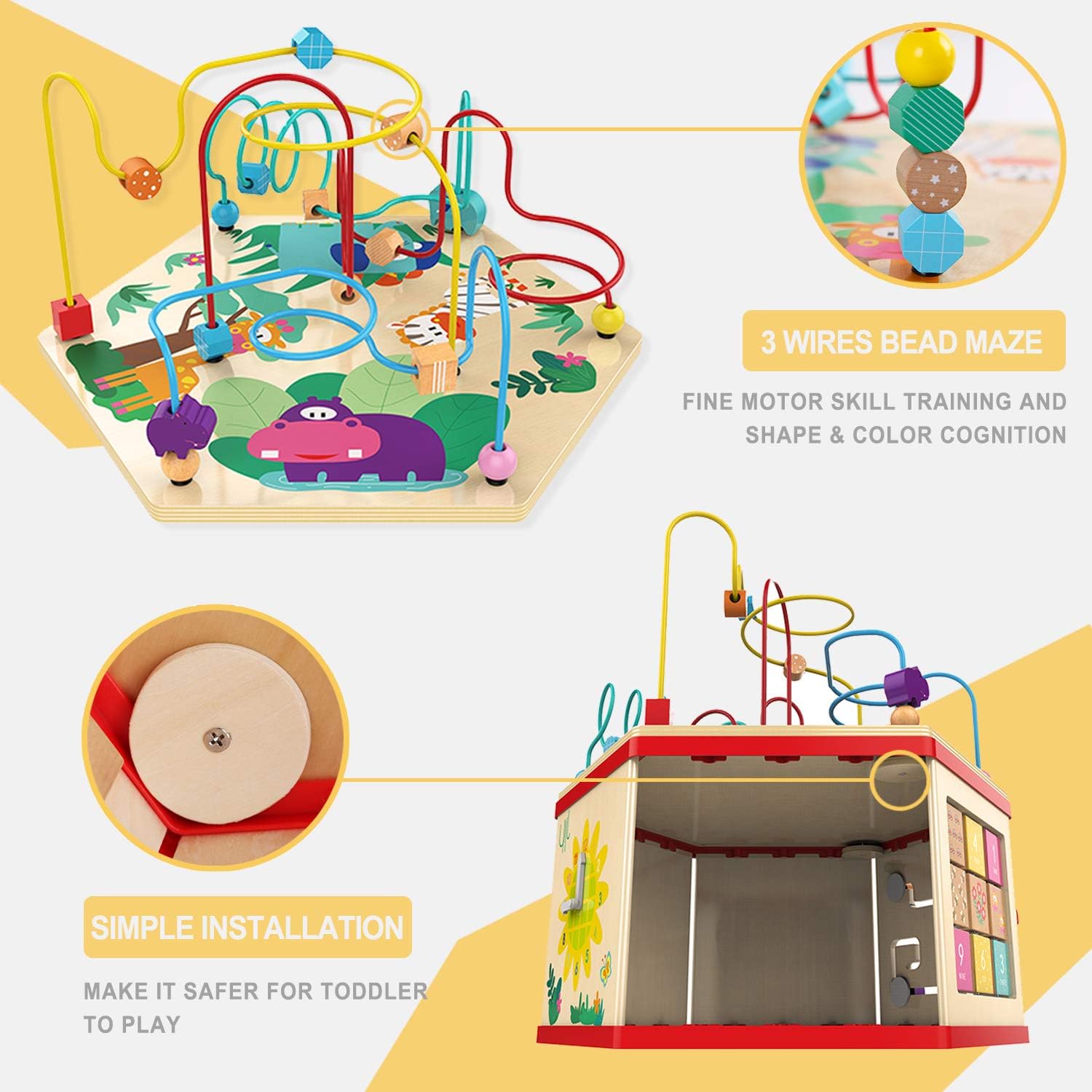 Wooden Activity Cube - Bead Maze Toy Gear for Toddler Kid, Counting Toys for 1year Old Baby Girls Gi