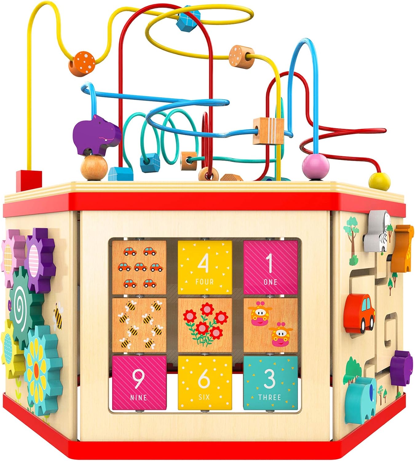 Wooden Activity Cube - Bead Maze Toy Gear for Toddler Kid, Counting Toys for 1year Old Baby Girls Gi