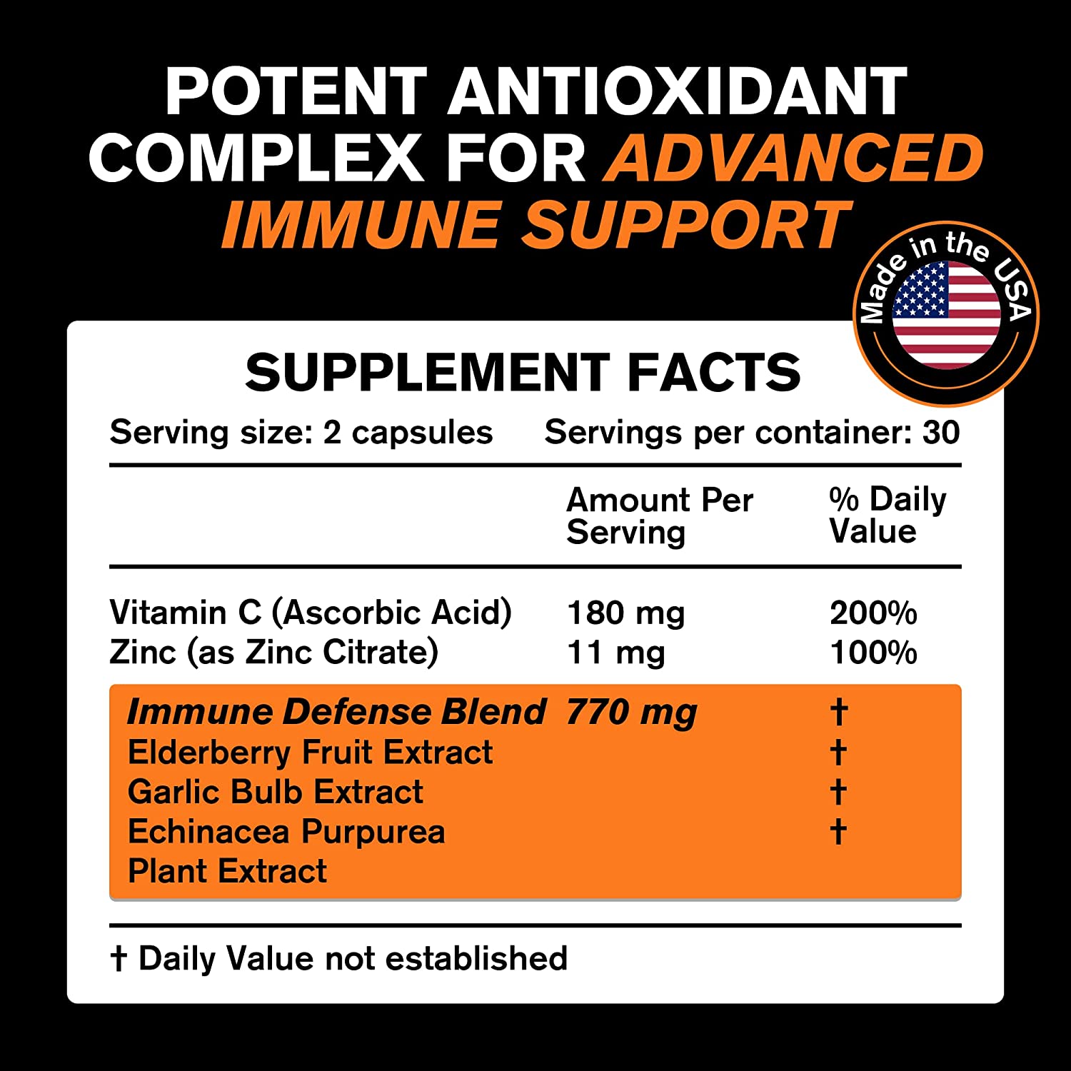 Immune Support Vitamins - Garlic, Vitamin C and Zinc, Elderberry, Echinacea - Immune System Booster 