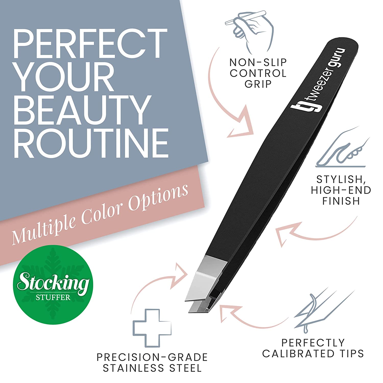 Tweezer Guru Tweezers for Eyebrows - 2 Pack Slant Tip Professional Stainless Steel Eyebrow Tweezers 