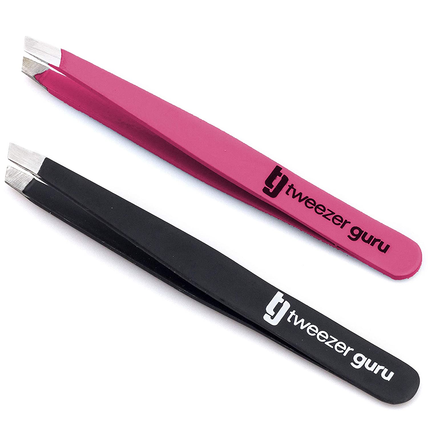 Tweezer Guru Tweezers for Eyebrows - 2 Pack Slant Tip Professional Stainless Steel Eyebrow Tweezers 
