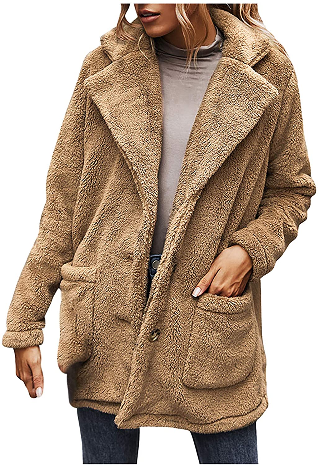 Dosoop Women Solid Color Fleece Long Sleeve Sweatshirt Fleece Pullover Outwear Cardigan Button Keep 