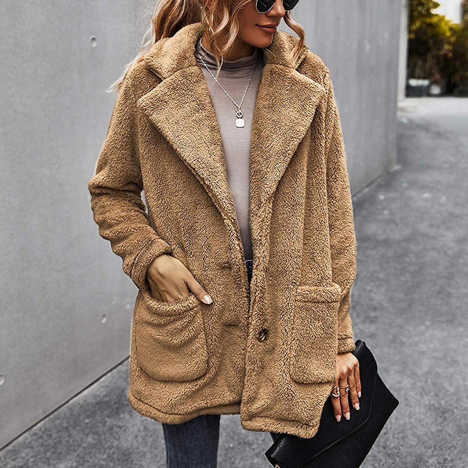 Dosoop Women Solid Color Fleece Long Sleeve Sweatshirt Fleece Pullover Outwear Cardigan Button Keep 